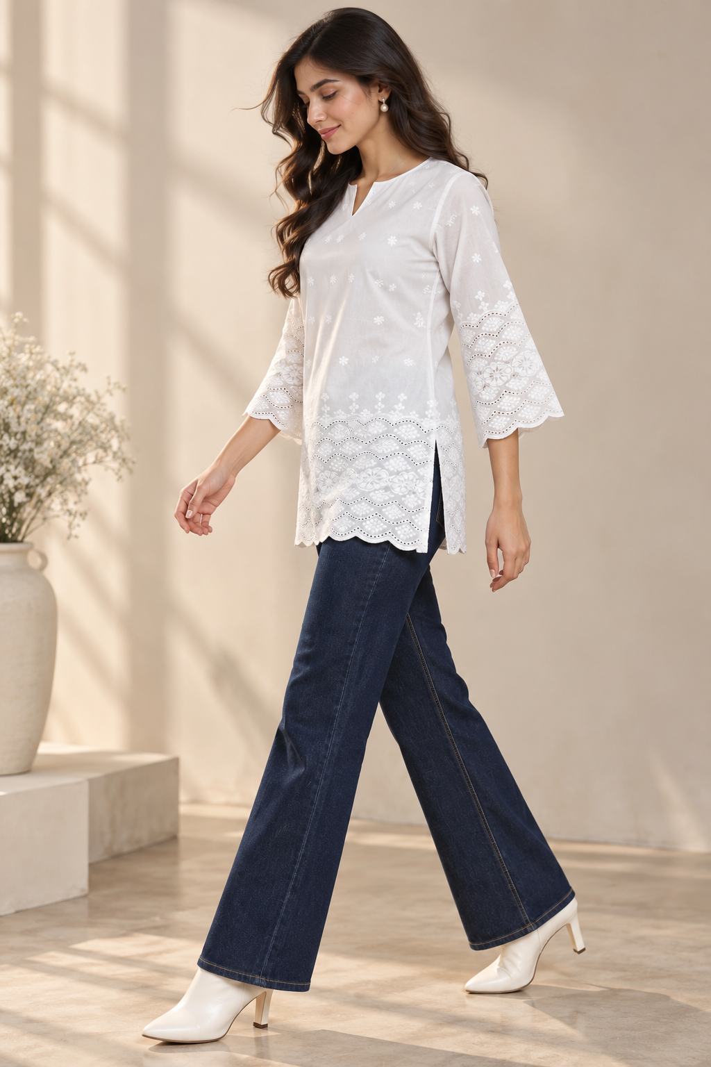 Pari Women’s White Cotton Chikankari Embroidered Kurti Top – V-Neck