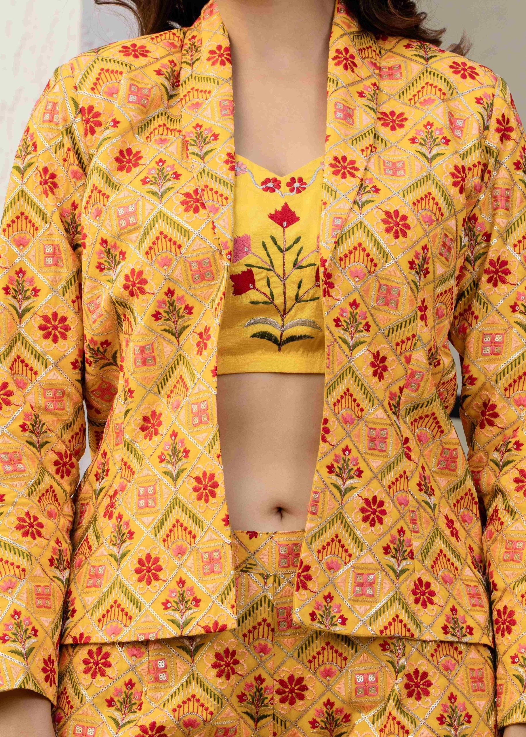Designer Western Wear Yellow 3 Piece Crop Top Coat Pant Set for Women