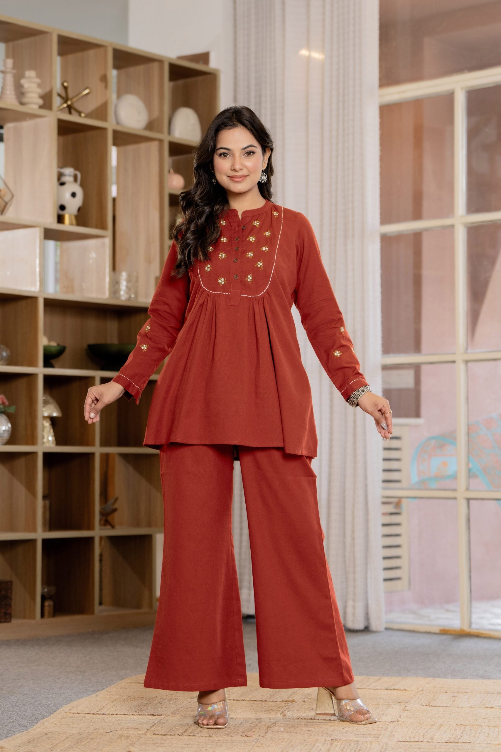 "Gerua Terracotta Red Embroidered Co-ord Set"