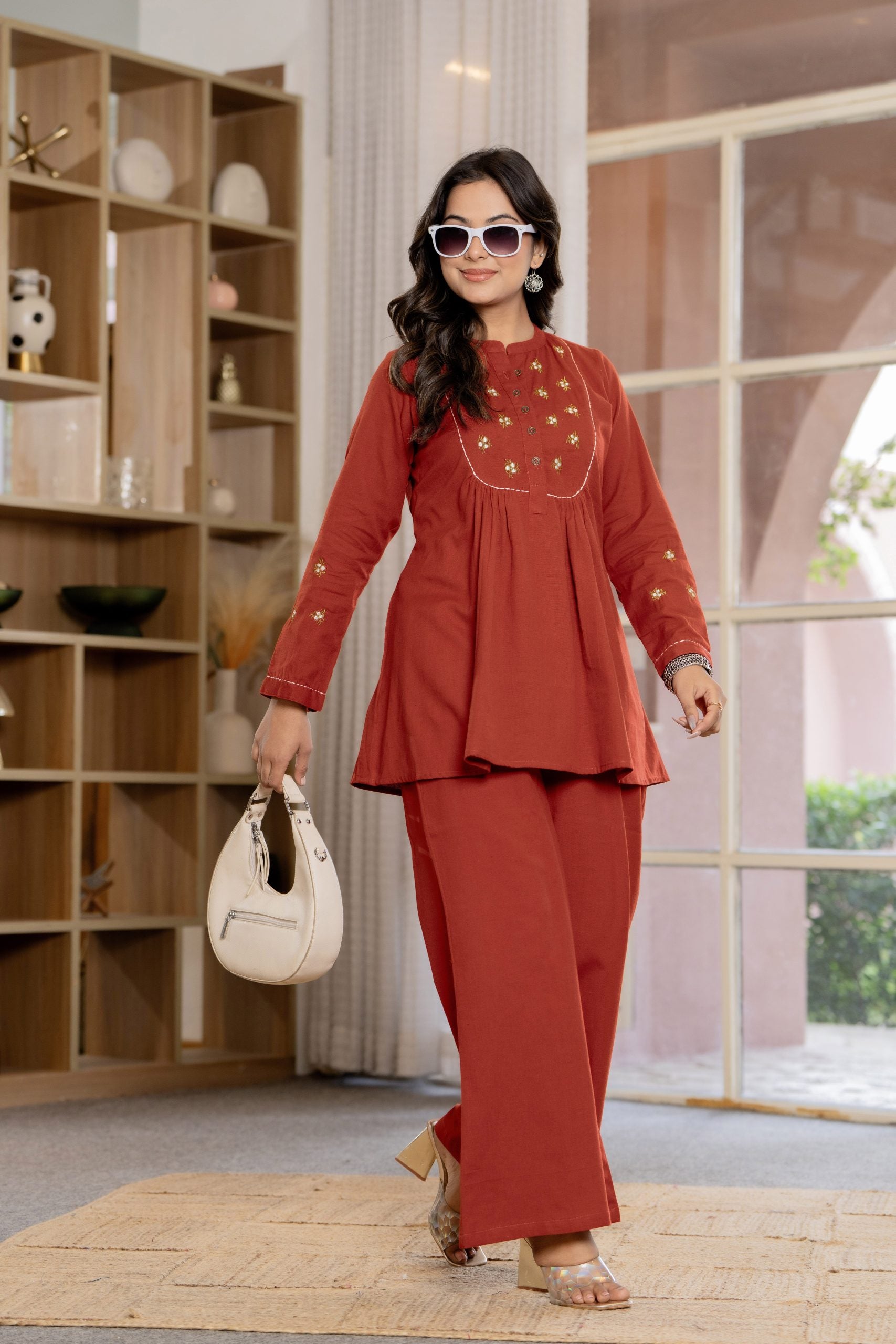 "Vaaki’s Terracotta Red Floral Embroidery Co-ord Set 4"