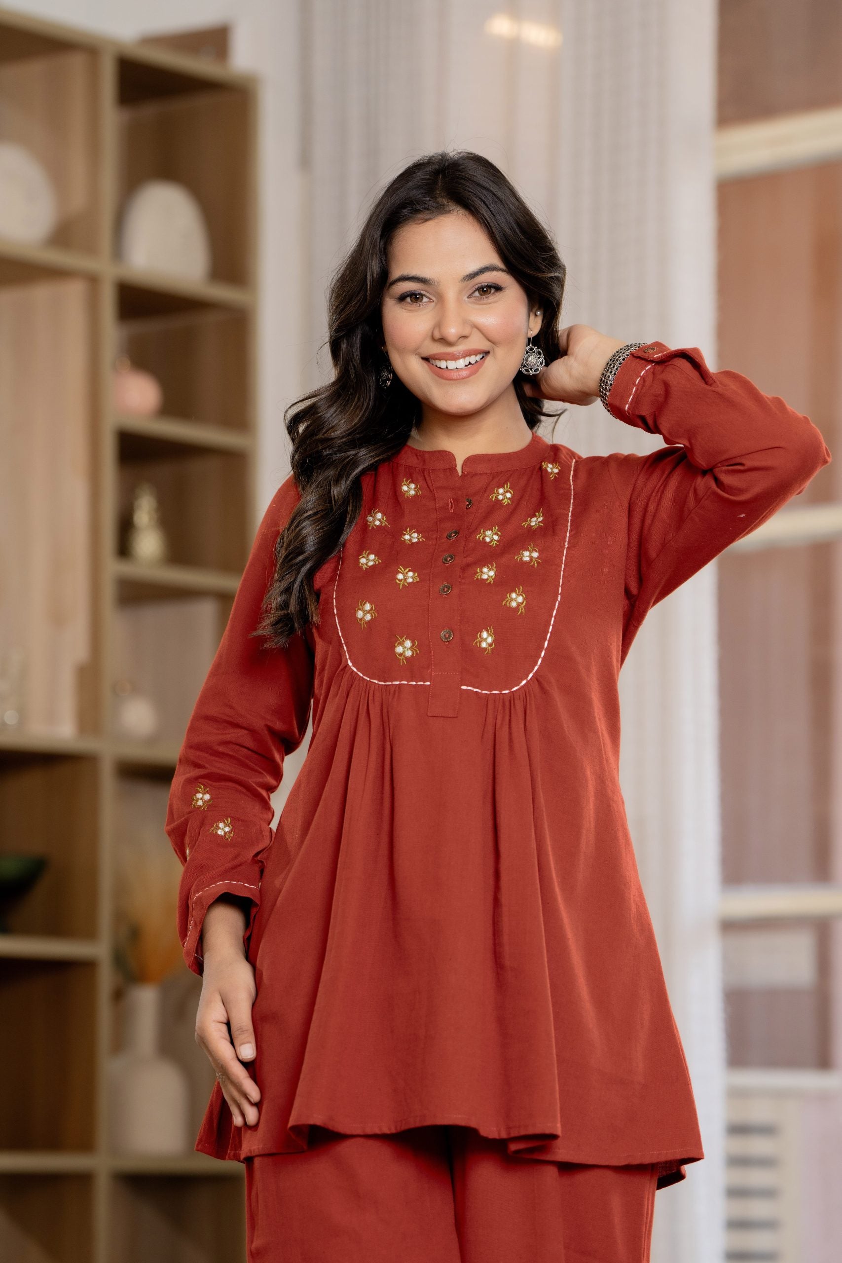 "Vaaki’s Terracotta Red Floral Embroidery Co-ord Set 8"