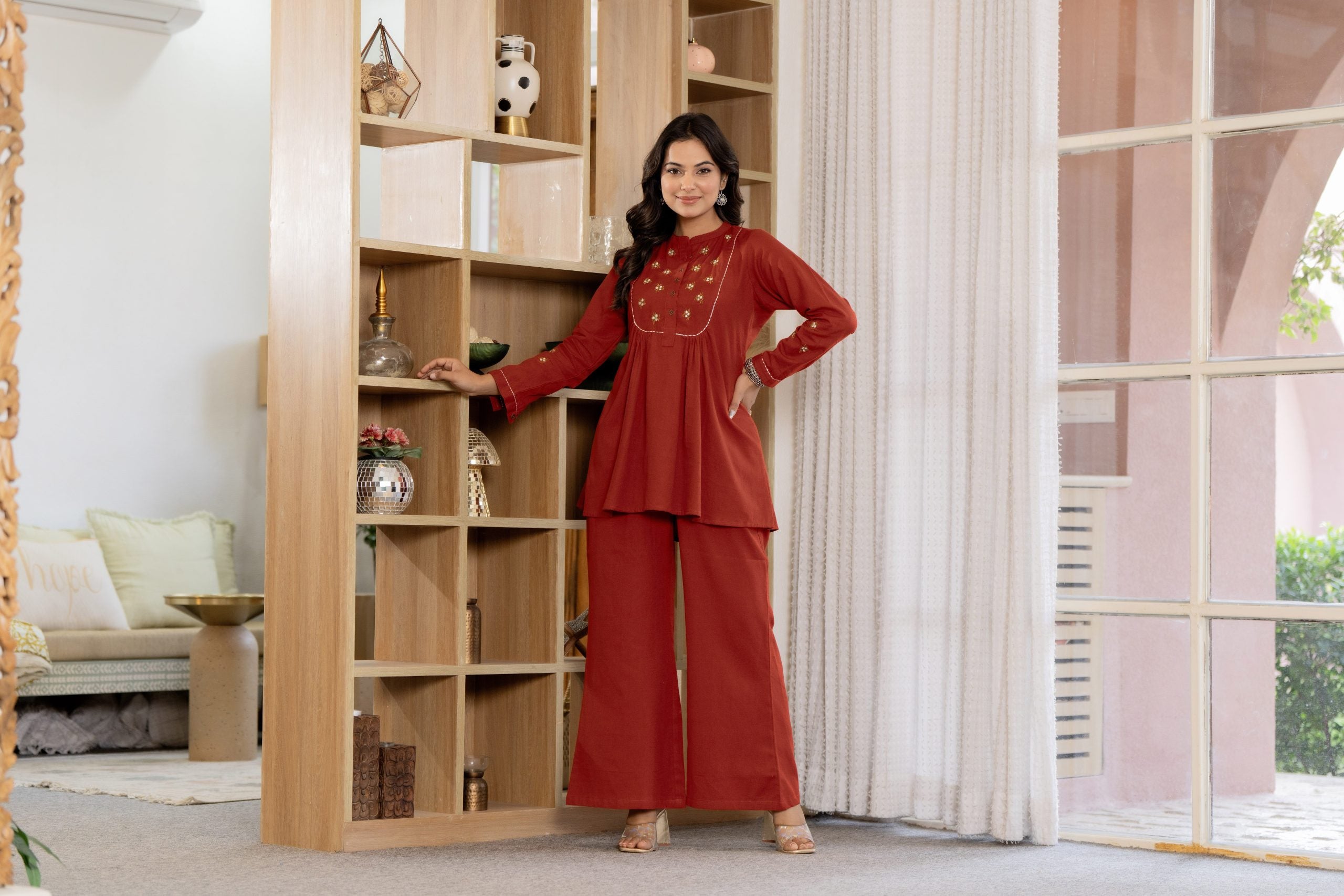 "Vaaki’s Terracotta Red Floral Embroidery Co-ord Set 7"