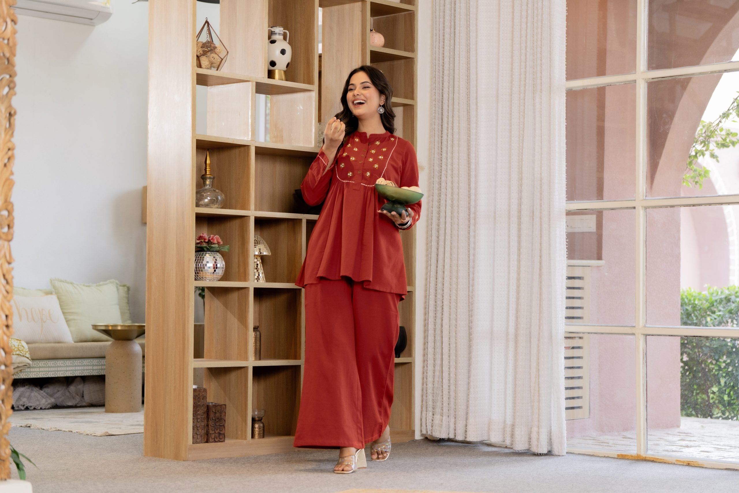 "Vaaki’s Terracotta Red Floral Embroidery Co-ord Set 6"