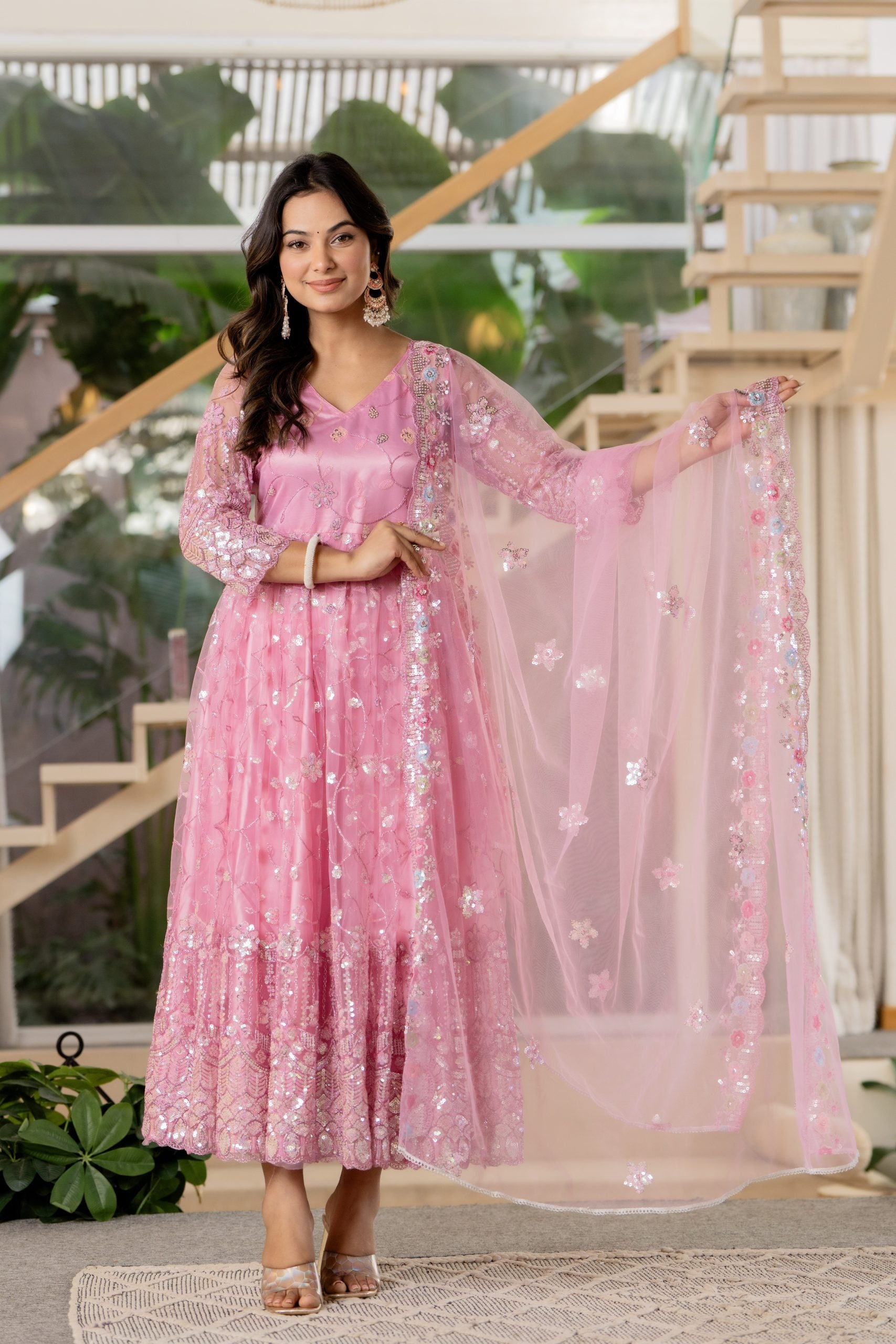 Pink Embellished Anarkali Dress with Dupatta – Vaaki 1