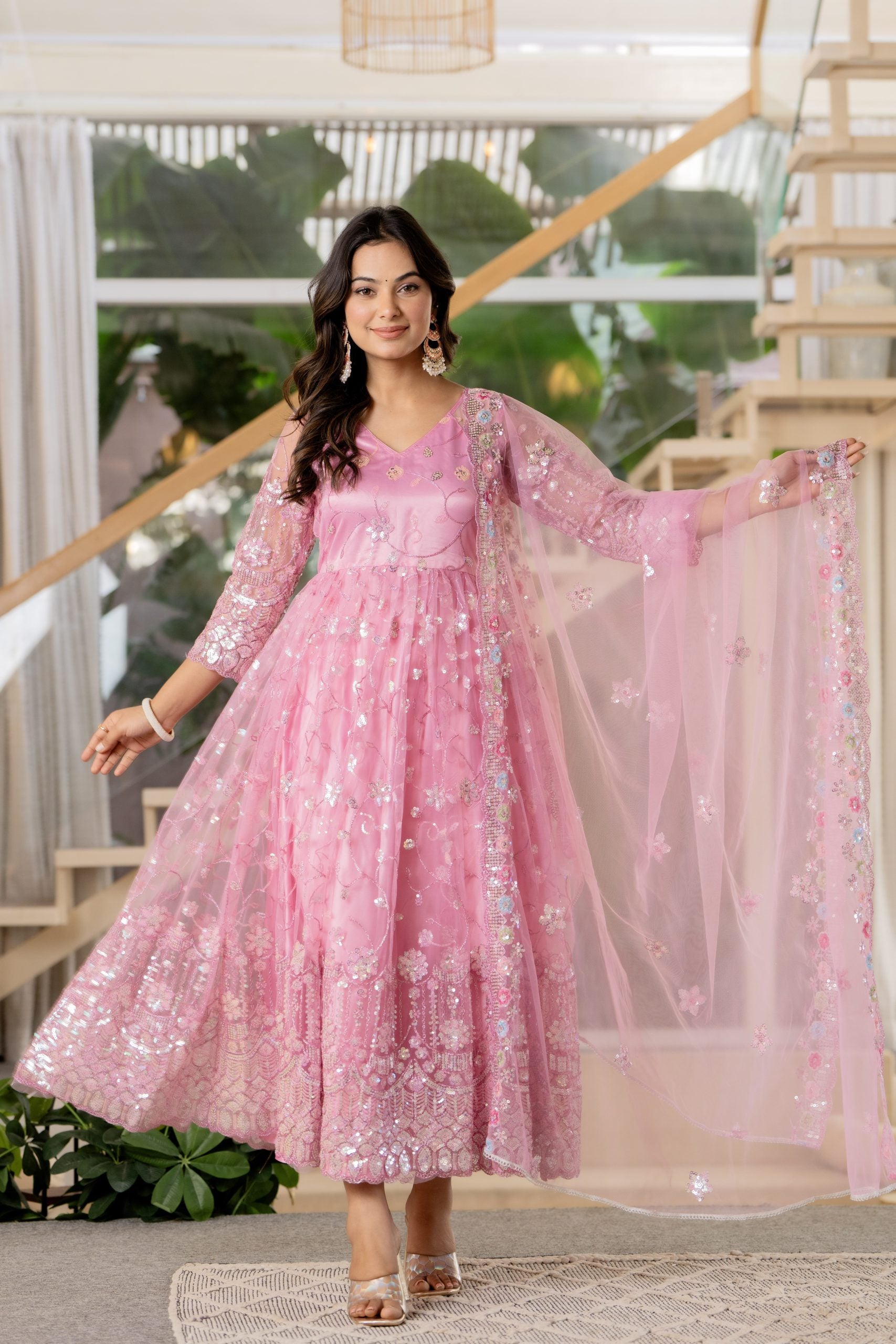 "Pink Embellished Anarkali Dress with Dupatta – Vaaki 9"