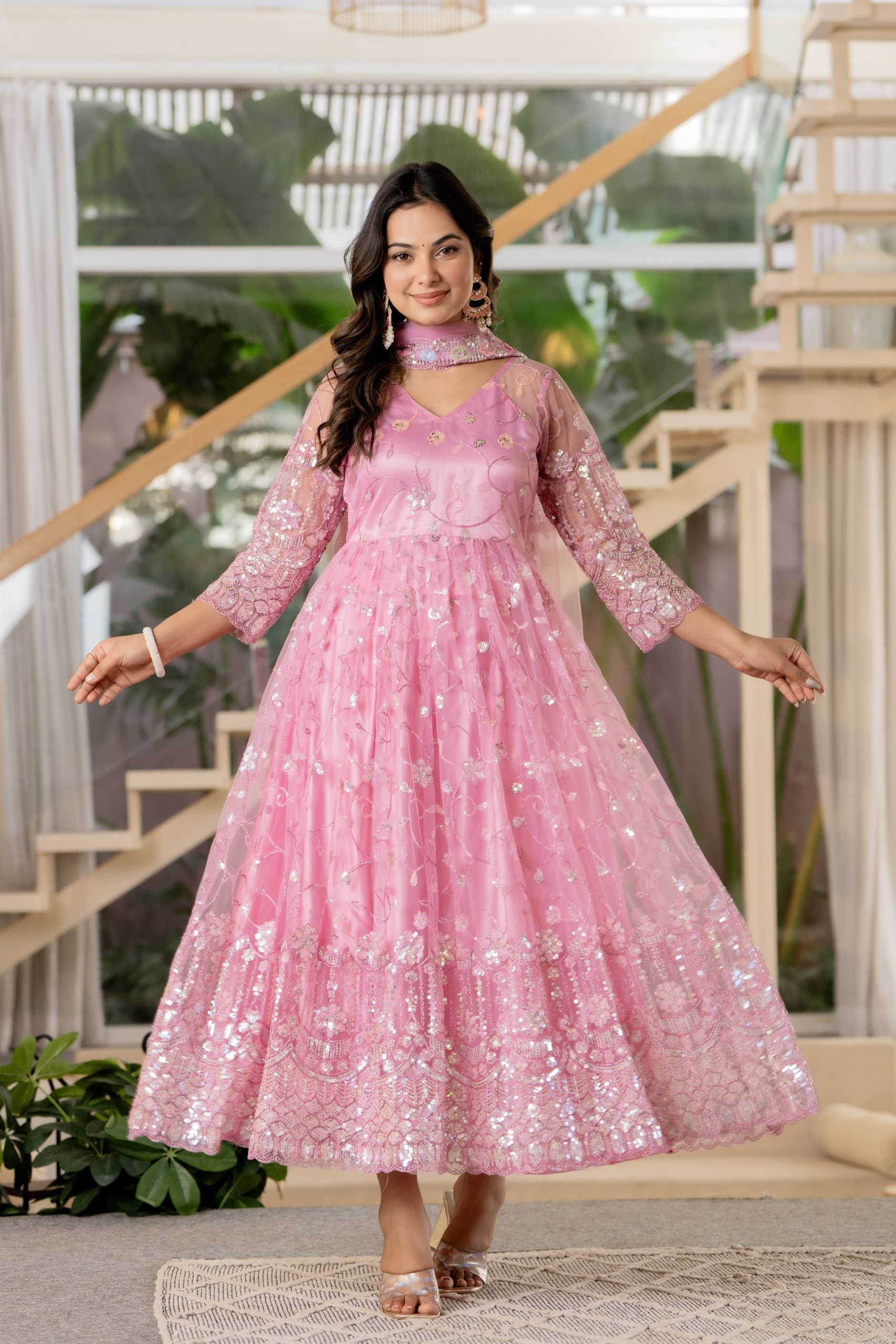 "Pink Embellished Anarkali Dress with Dupatta – Vaaki 7"