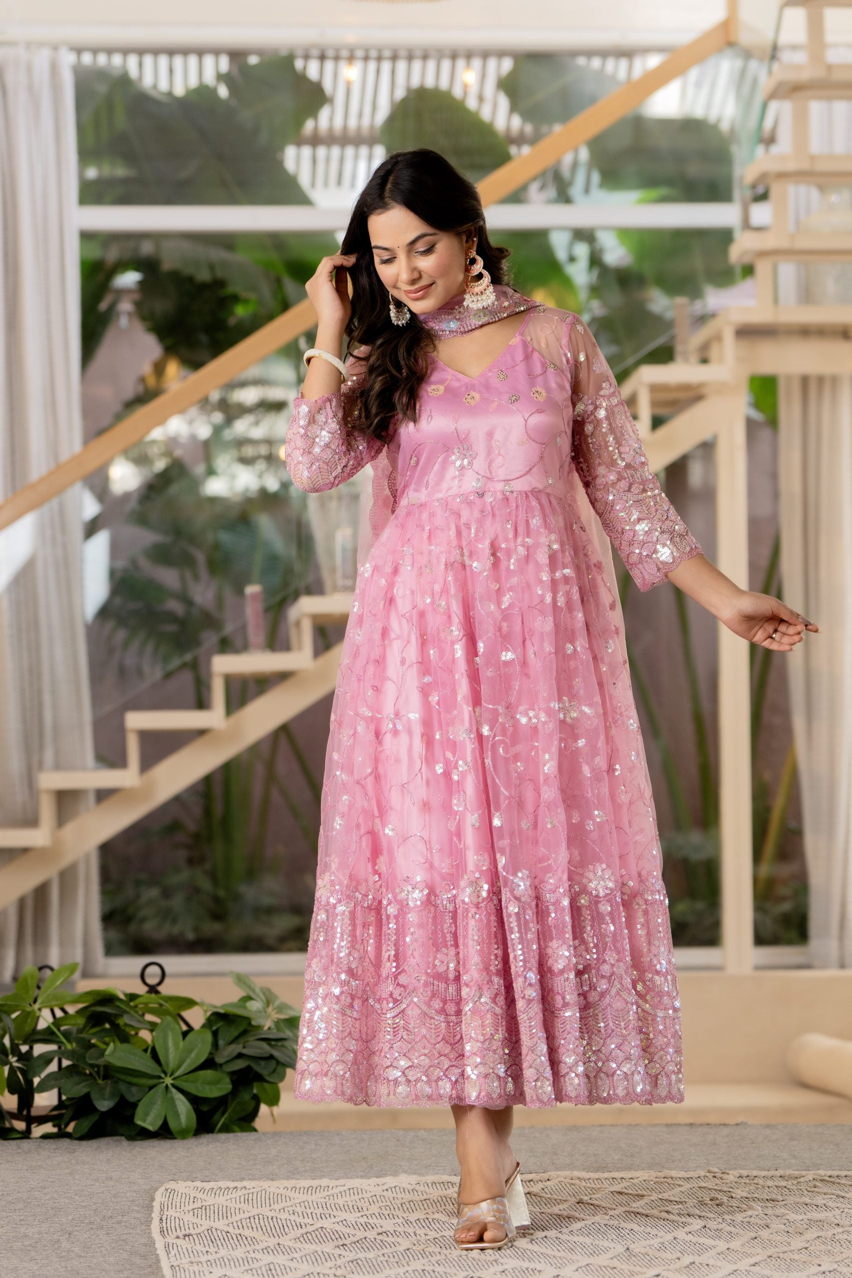 Pink Embellished Anarkali Dress with Dupatta – Vaaki 8