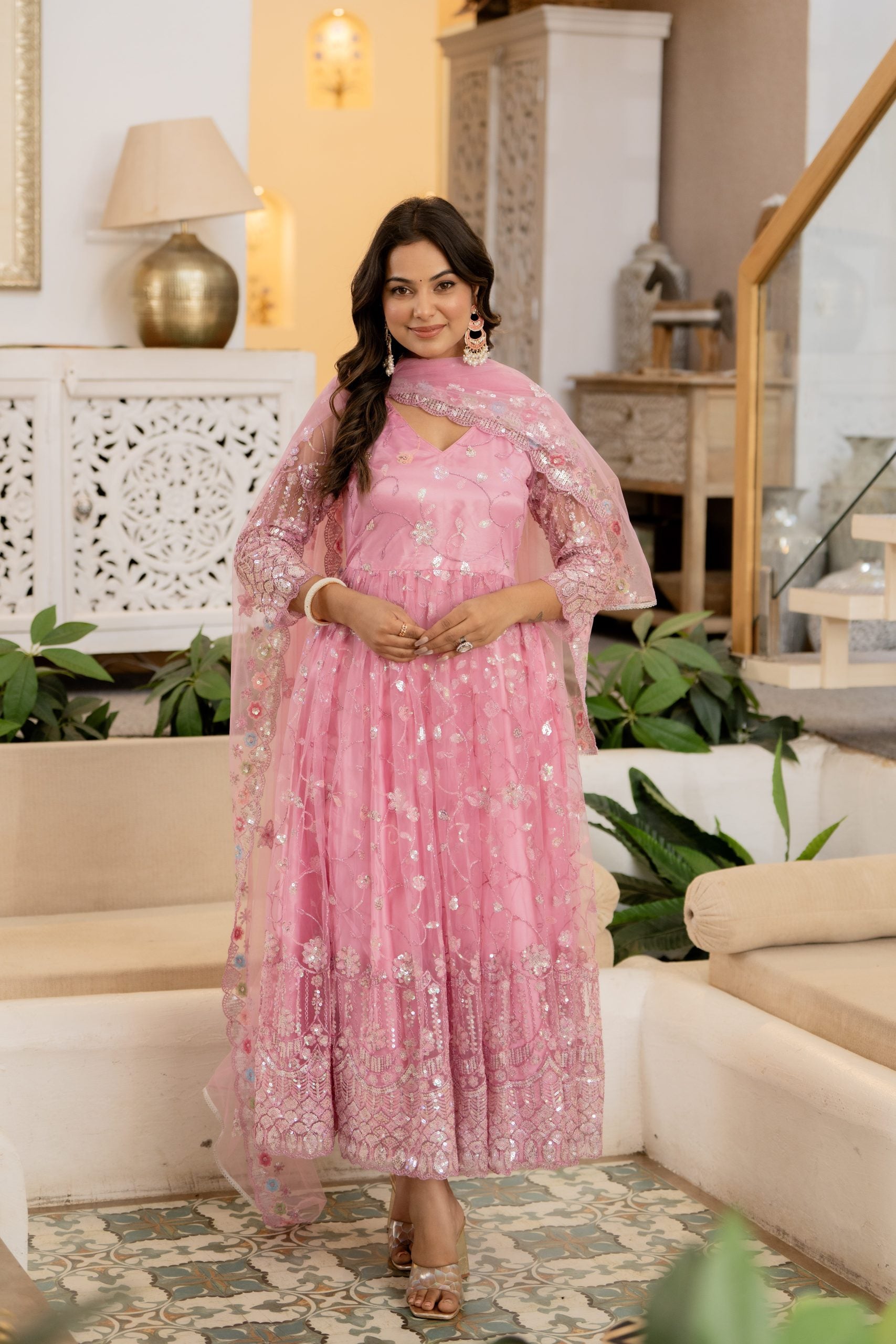 "Pink Embellished Anarkali Dress with Dupatta – Vaaki 4"