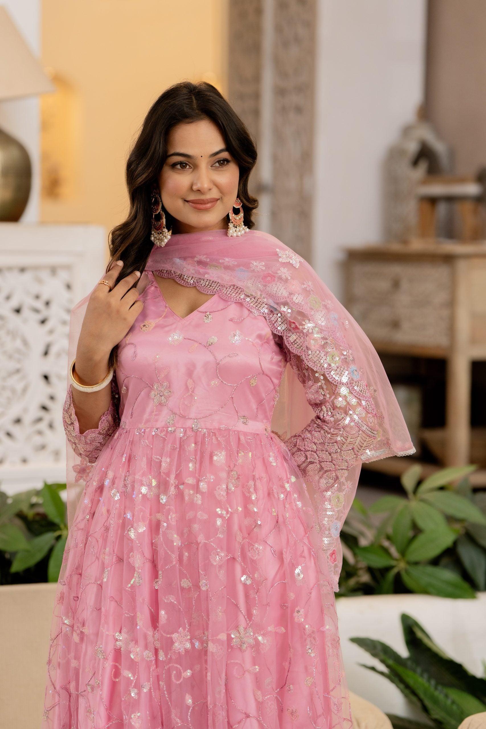 "Pink Embellished Anarkali Dress with Dupatta – Vaaki 3"