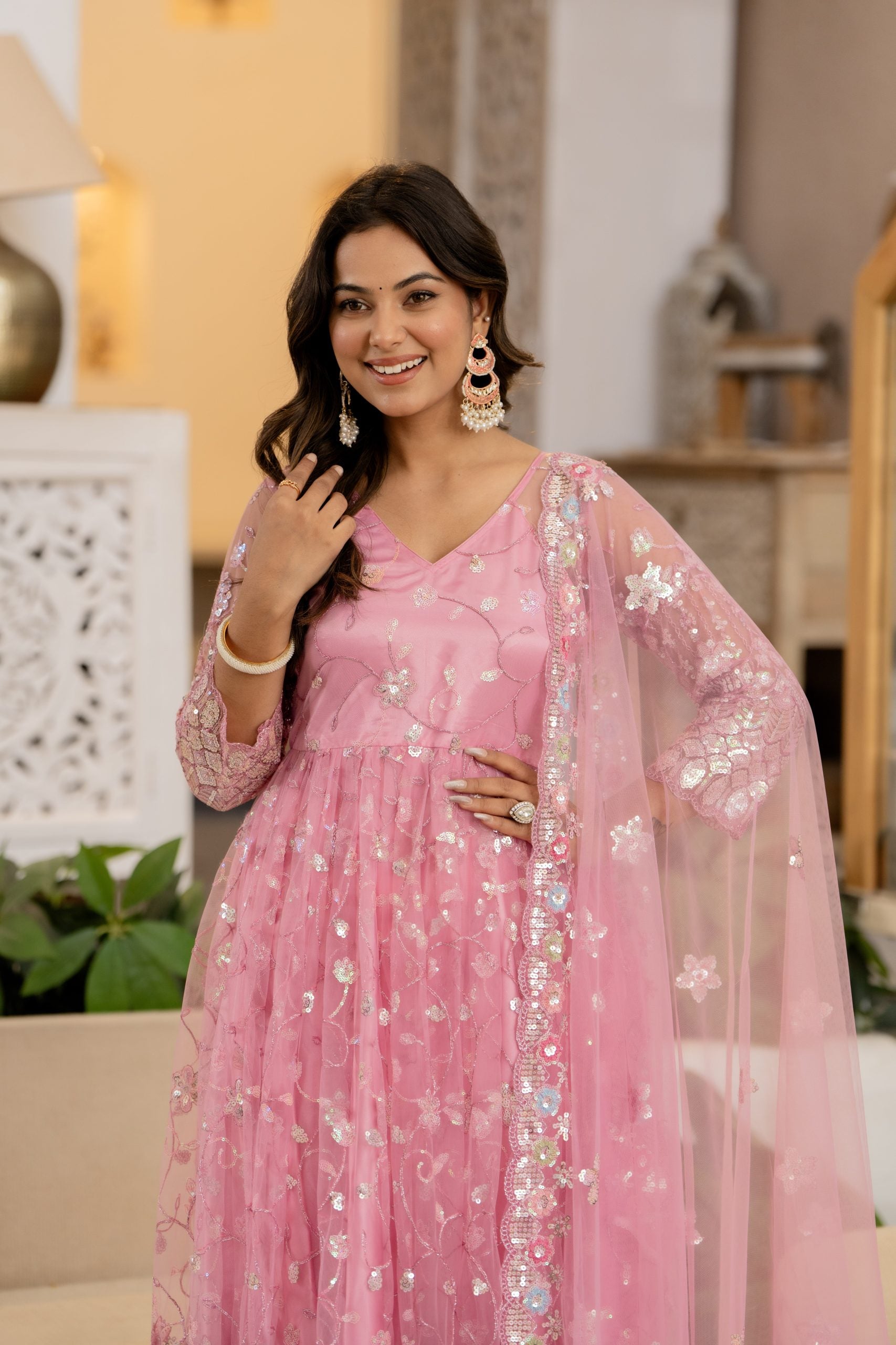 "Pink Embellished Anarkali Dress with Dupatta – Vaaki 5"