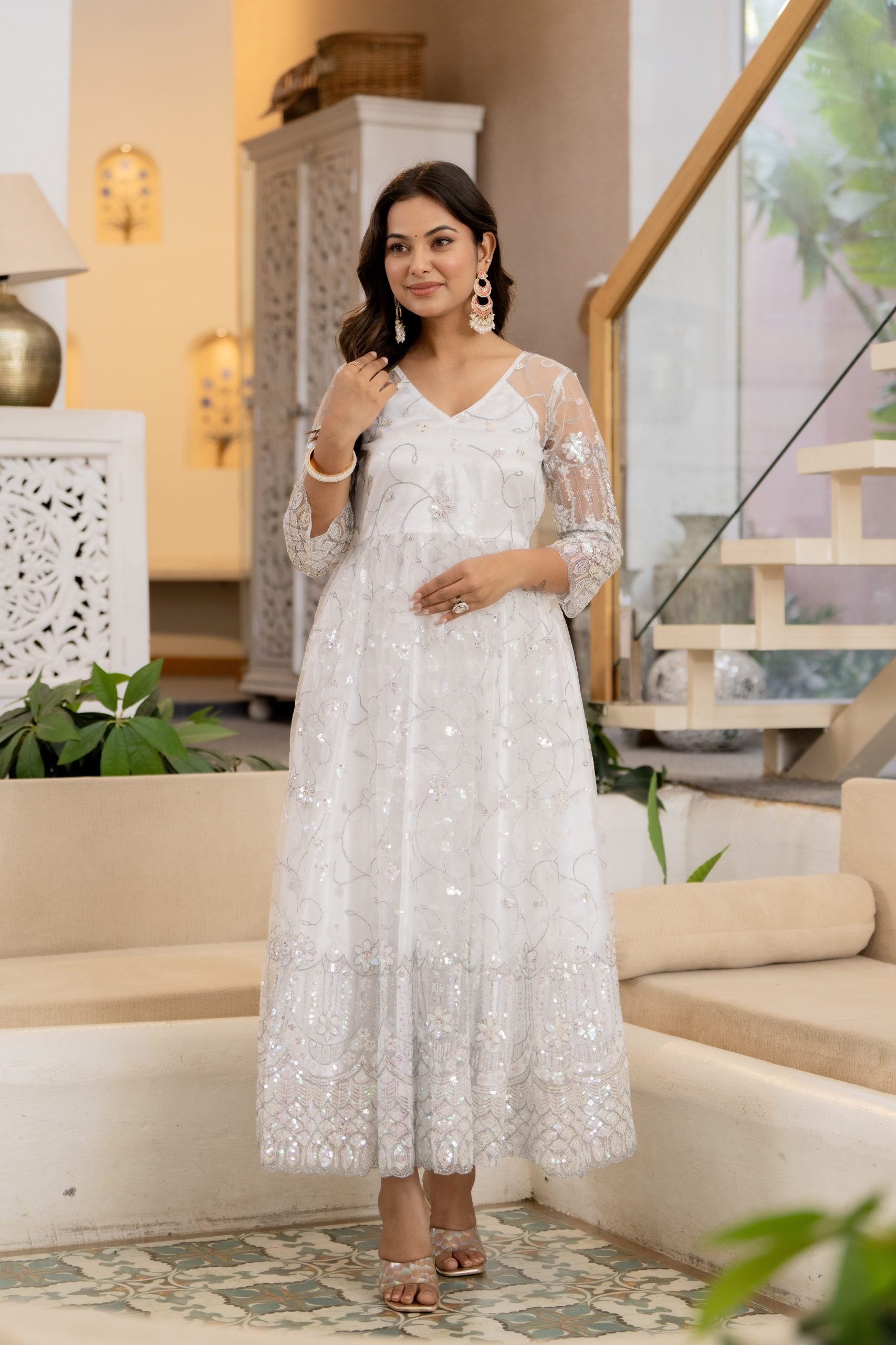 White Anarkali Dress with Floral Embroidery and Dupatta – Vaaki Ethnic Wear 1