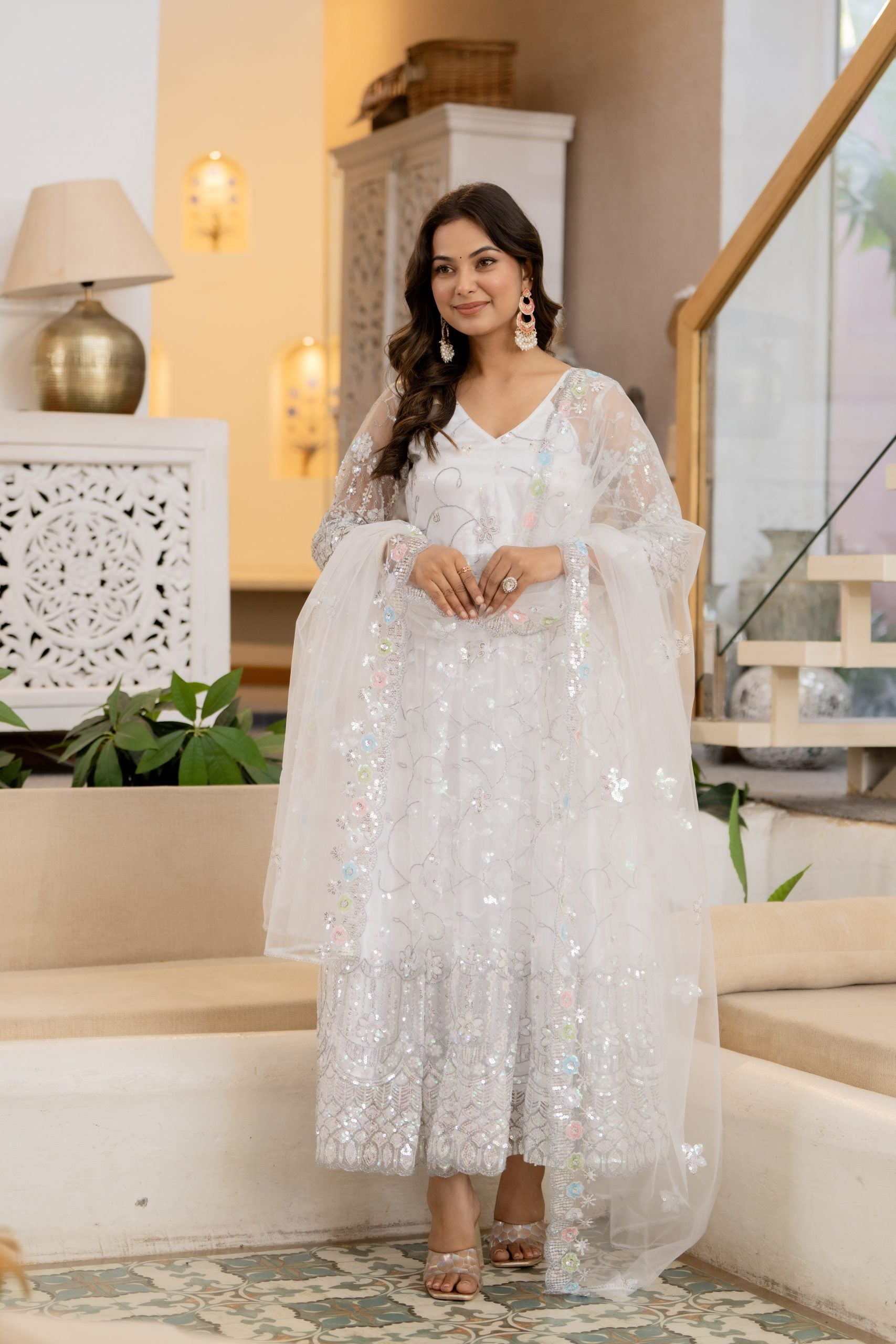 "White Anarkali Dress with Floral Embroidery and Dupatta – Vaaki Ethnic Wear 9"