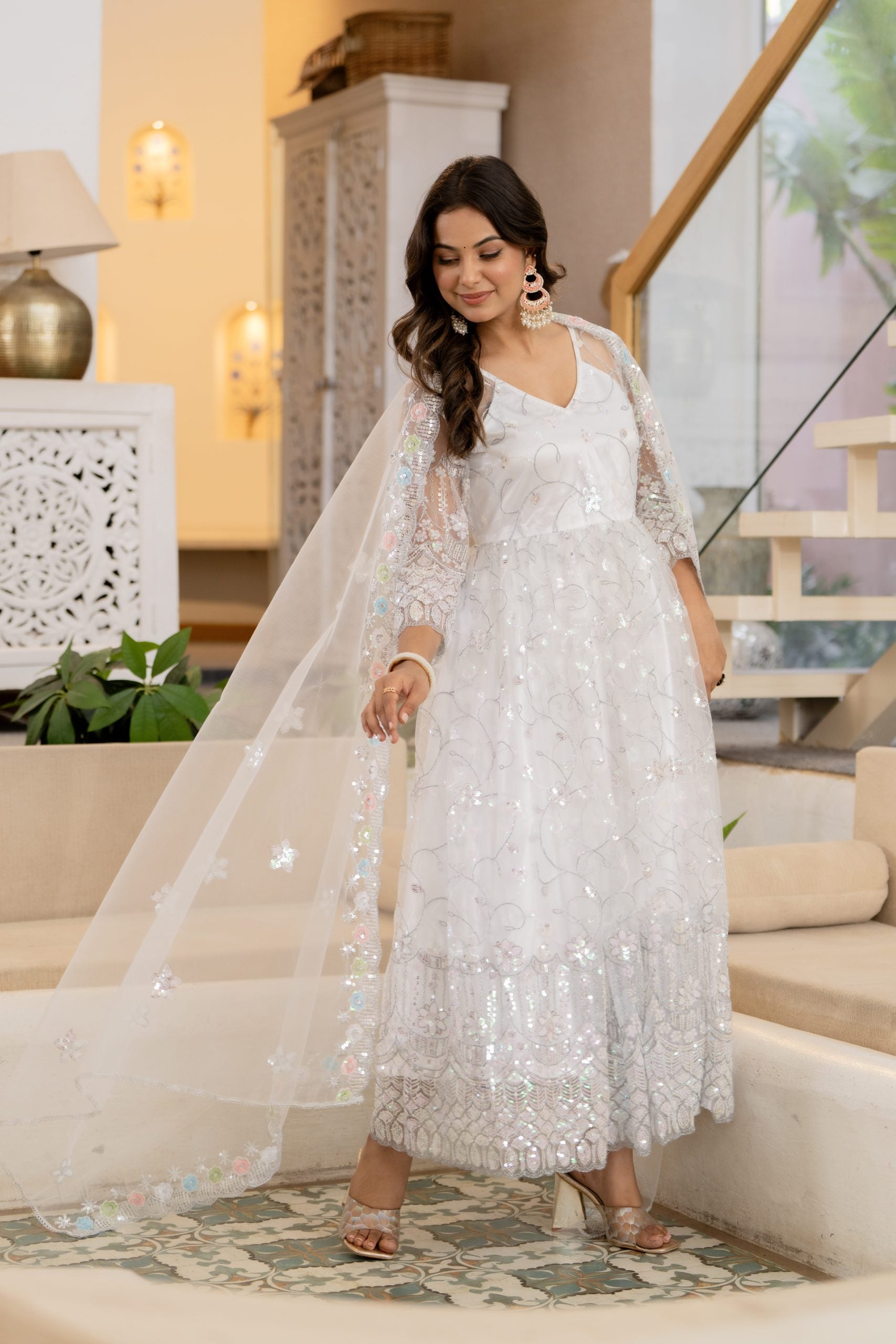 "White Anarkali Dress with Floral Embroidery and Dupatta – Vaaki Ethnic Wear 6"