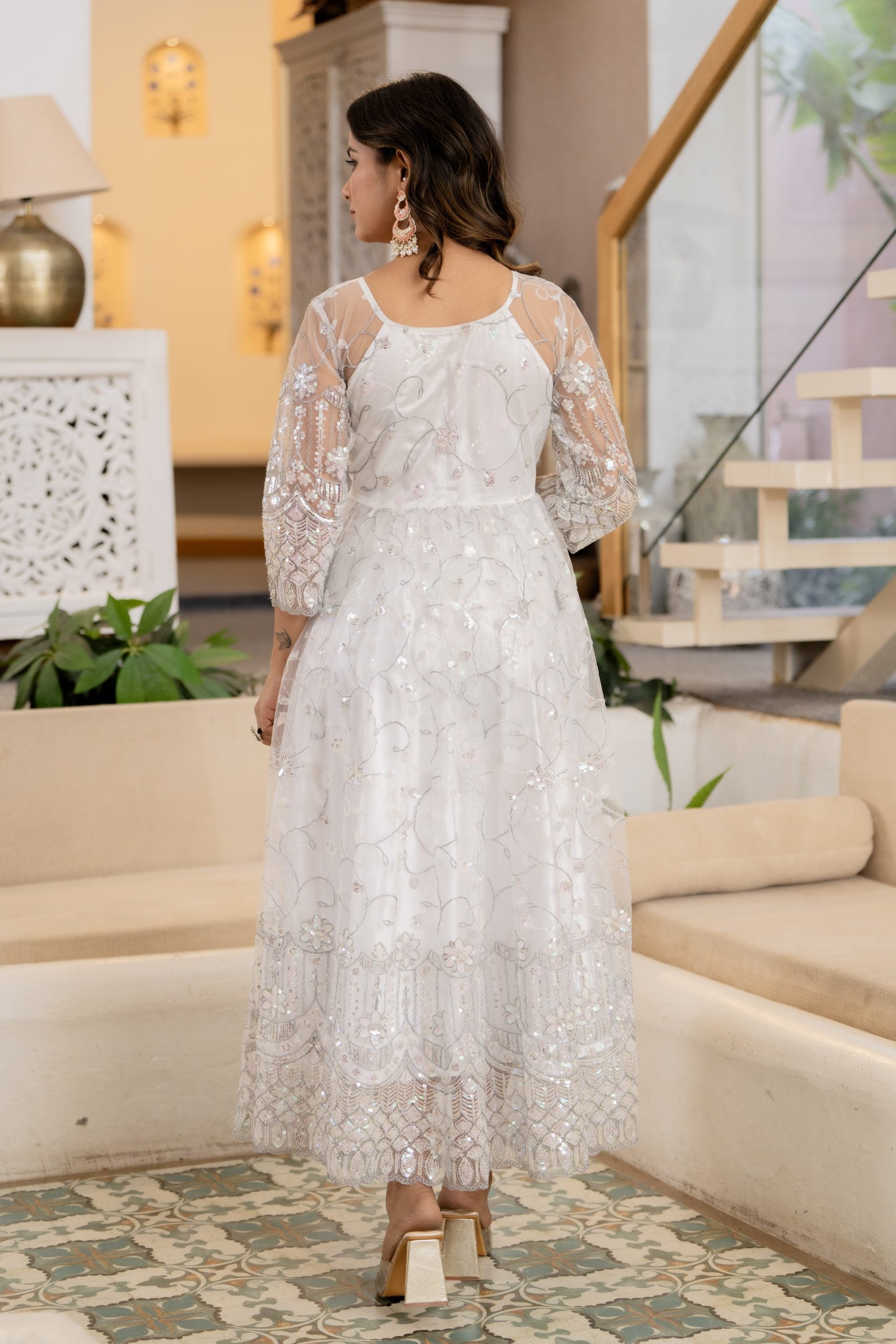 White Anarkali Dress with Floral Embroidery and Dupatta – Vaaki Ethnic Wear 3