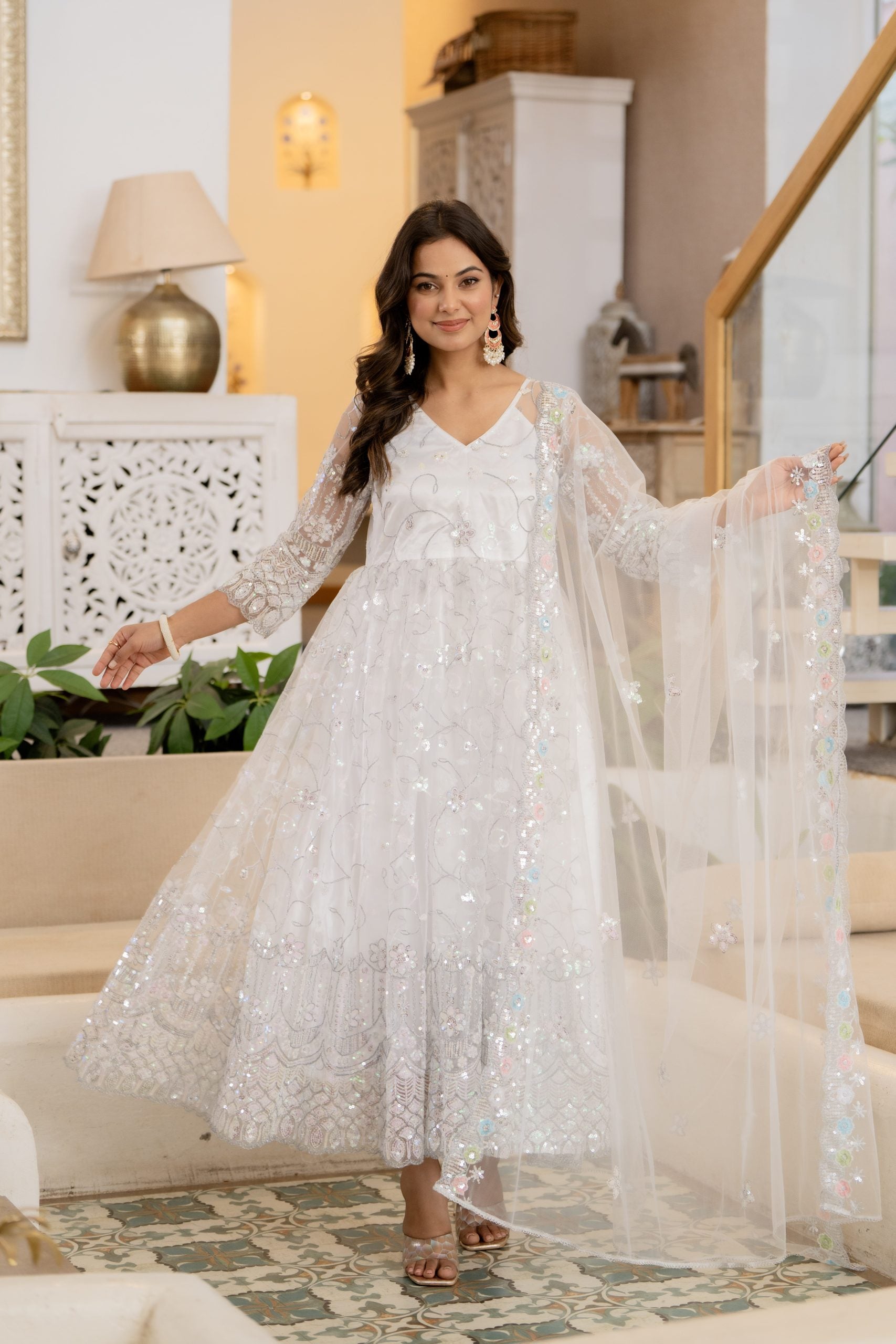 "White Anarkali Dress with Floral Embroidery and Dupatta – Vaaki Ethnic Wear 4"
