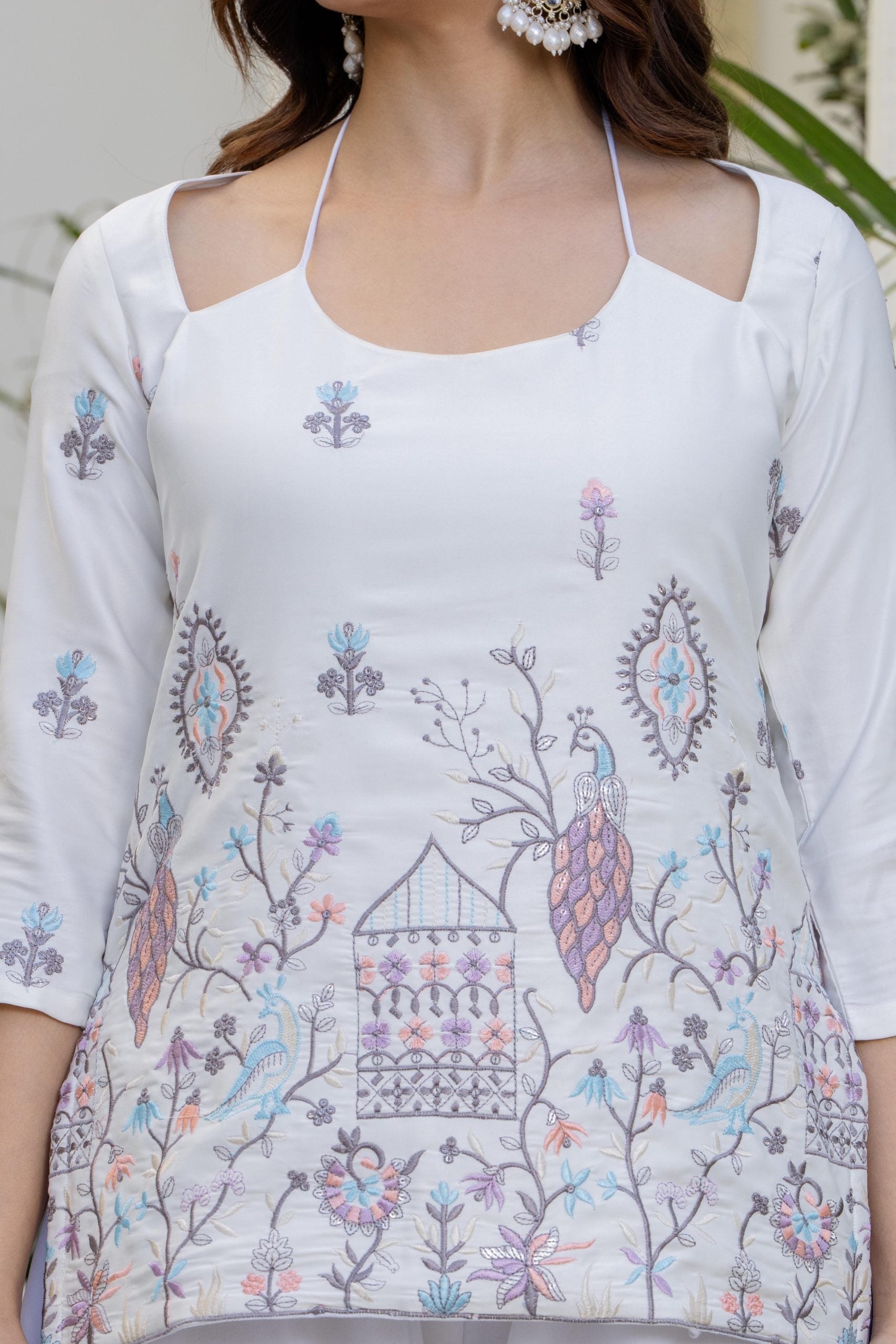 Buy Halter Neck Style Corset Back Ivory Embroidered Kurti with Palazzo for Women