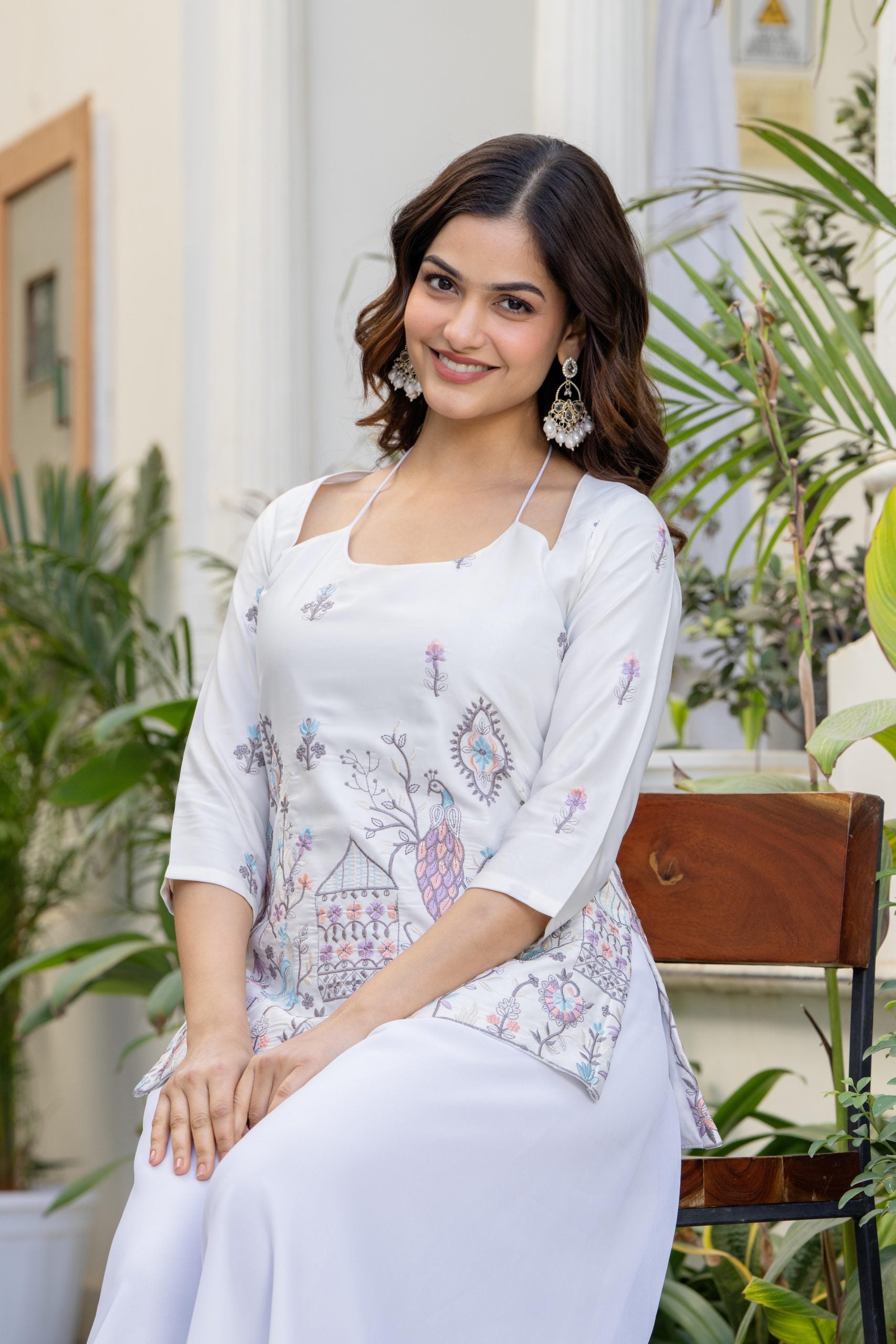 Buy Halter Neck Style Corset Back Ivory Embroidered Kurti with Palazzo for Women