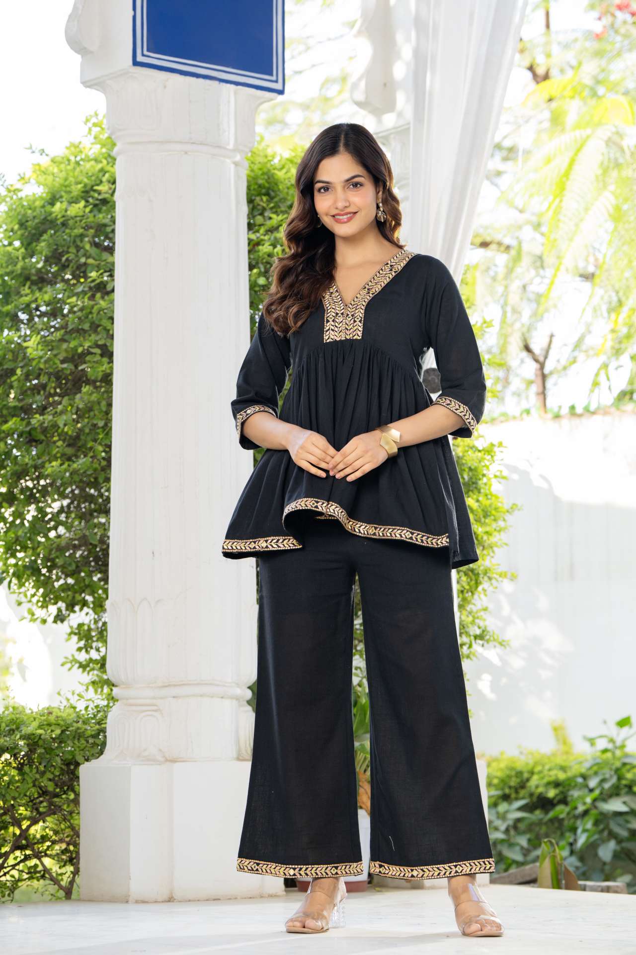 "Designer Black Embroidered Cotton Co-ord Set for Women"