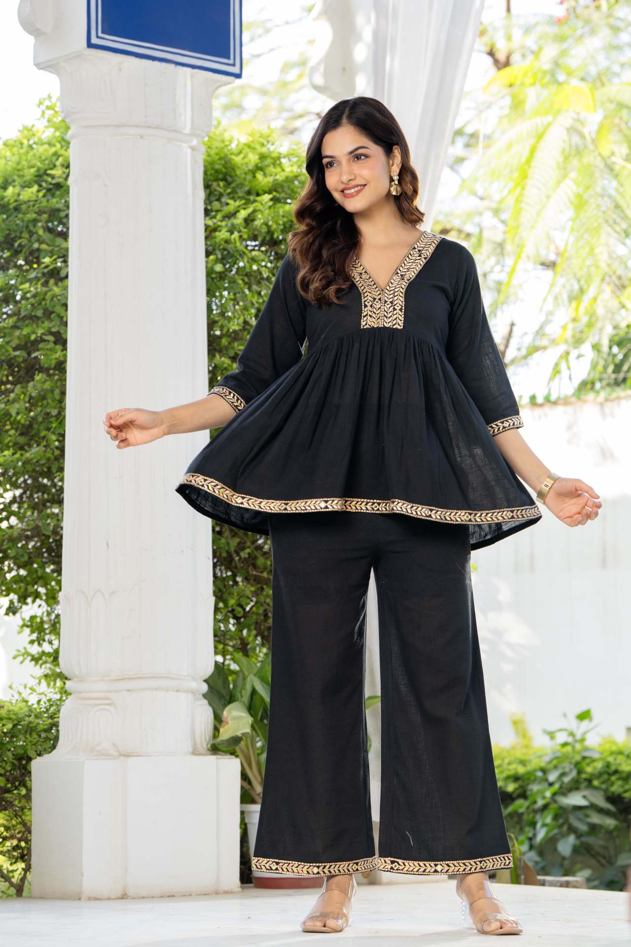 "Designer Black Embroidered Cotton Co-ord Set for Women"