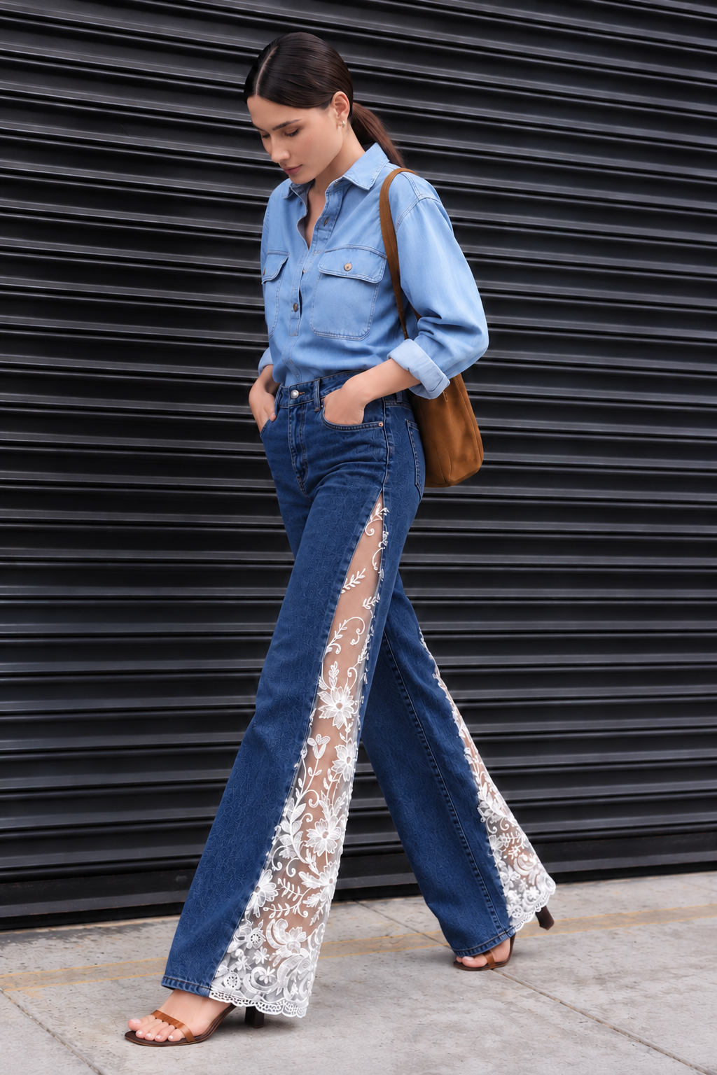 Engage Dark Blue Women’s Lace Panel Wide Leg Flared Denim Jeans
