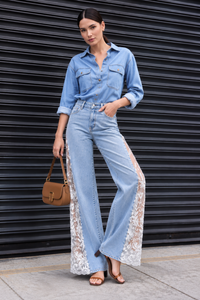 Engage Light Blue Women’s Lace Panel Wide Leg Flared Denim Jeans