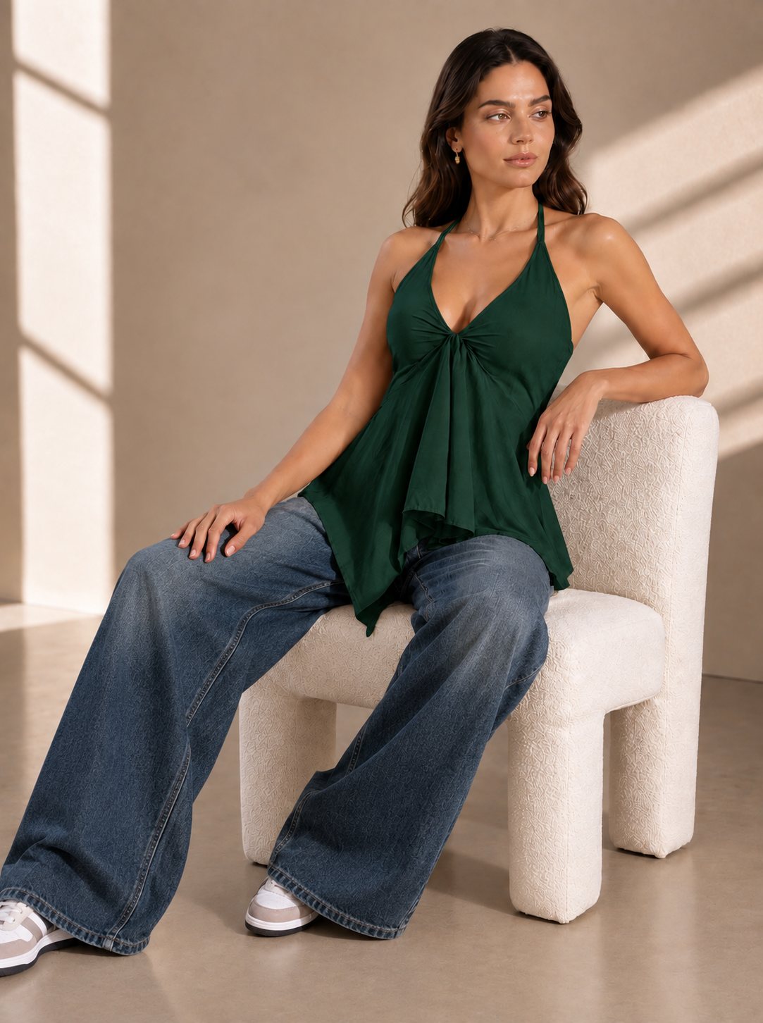 Women’s Green Crepe Halter Neck Top – Back Smocked, Sleeveless & Flared Fit