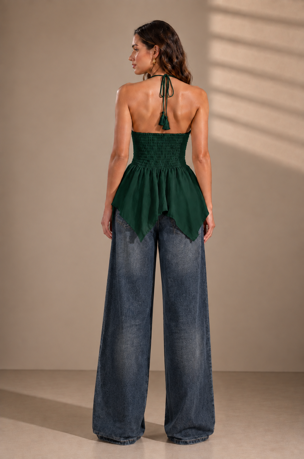 Women’s Green Crepe Halter Neck Top – Back Smocked, Sleeveless & Flared Fit