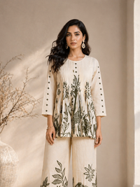 Bloom Women Beige Printed Cotton Co-Ord Set with Wide Leg Palazzo Pants