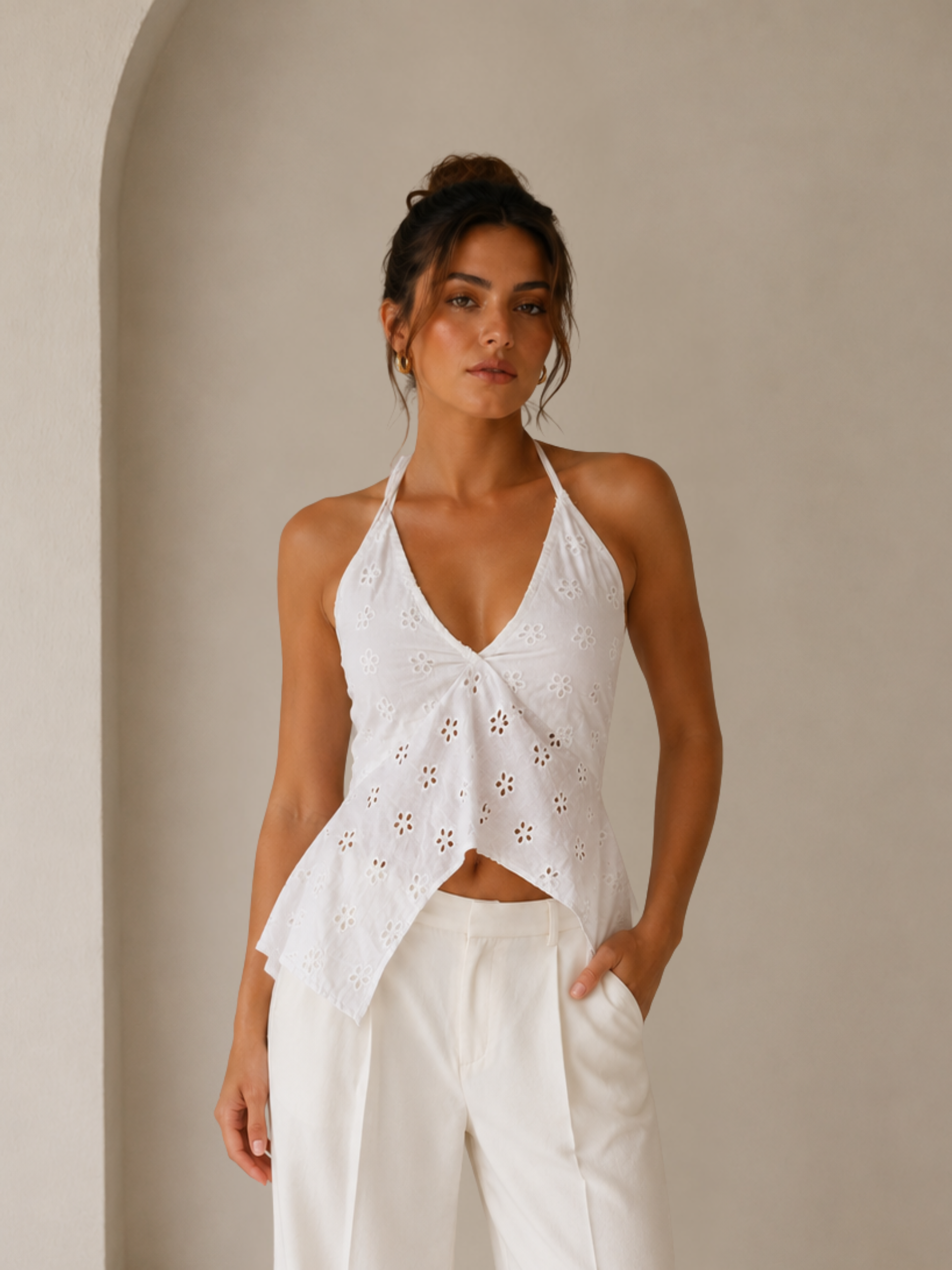 Bubbly White Schiffli Halter Neck Top