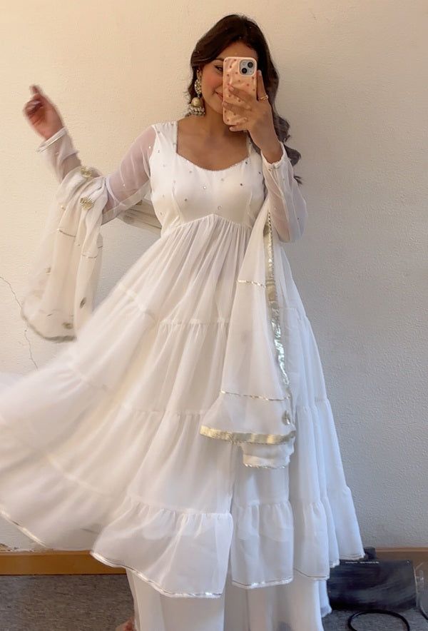 "Hansini White Georgette Anarkali Kurta Set"