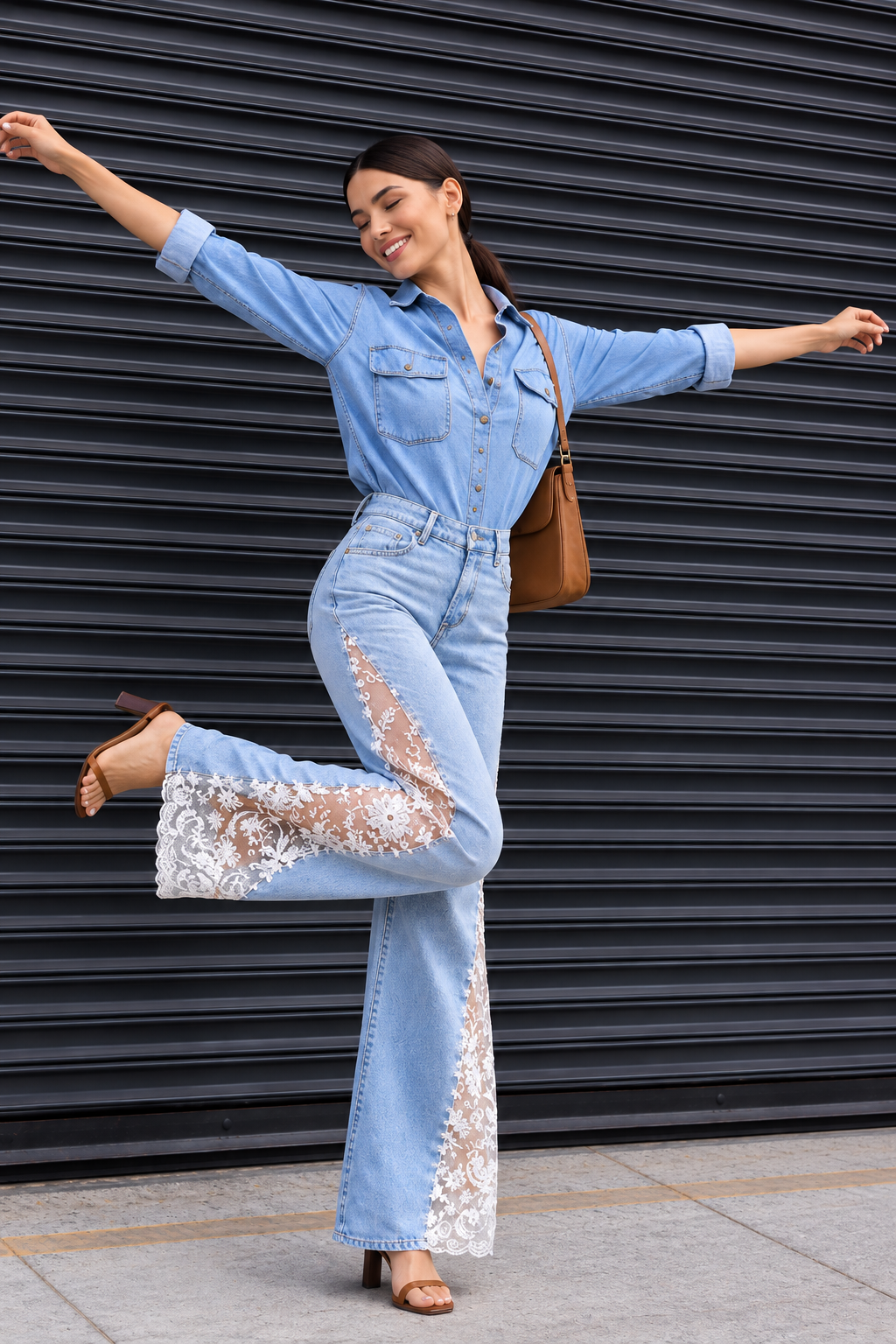 Engage Light Blue Women’s Lace Panel Wide Leg Flared Denim Jeans