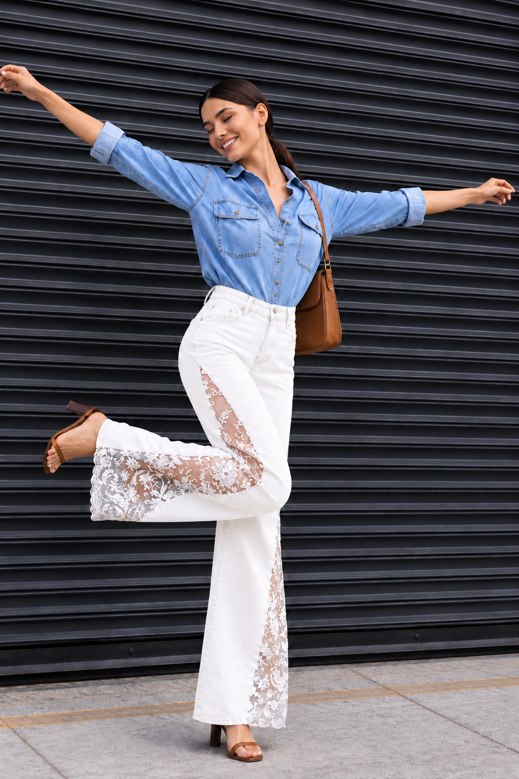 Engage White Women’s Lace Panel Wide Leg Flared Denim Jeans