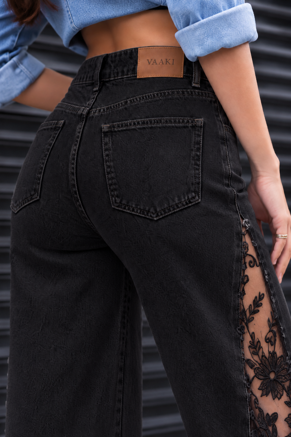 Engage Black Women’s Lace Panel Wide Leg Flared Denim Jeans
