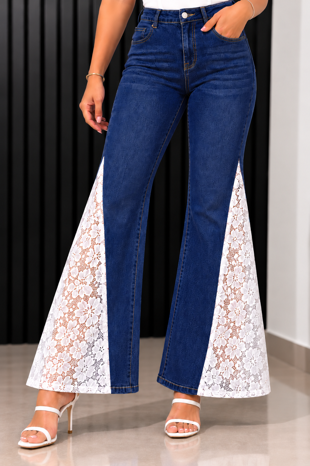 Engage Dark Blue Women's Lace Panel Wide Leg Flared Jeans – High-Rise Trousers
