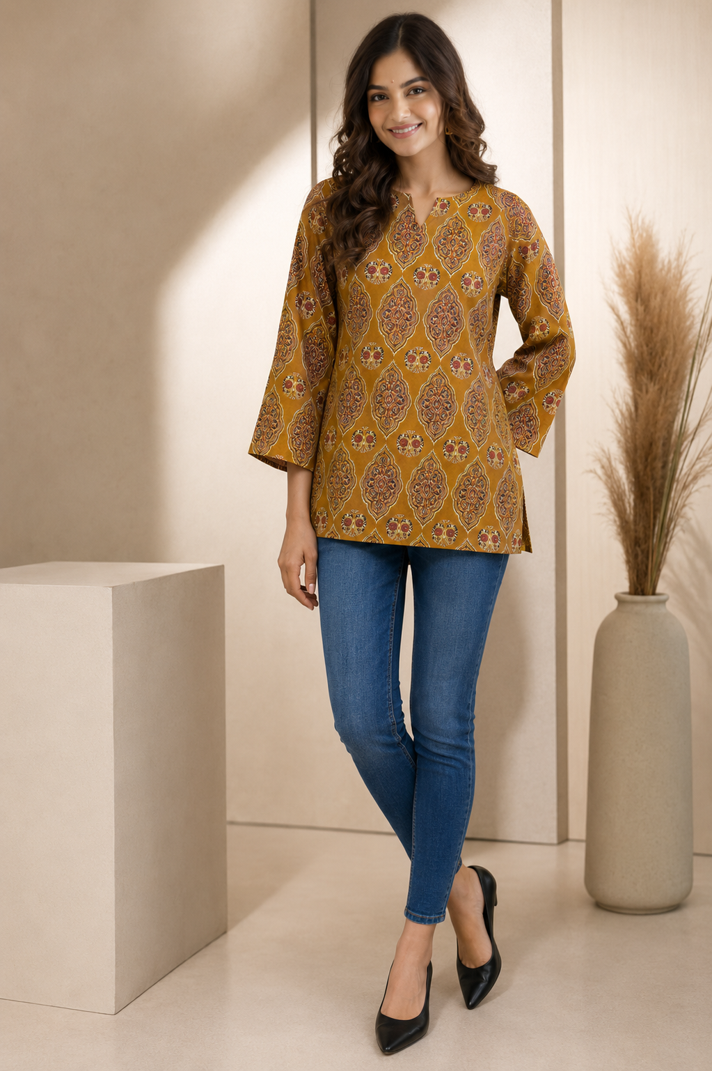 mustard cotton kurti for women