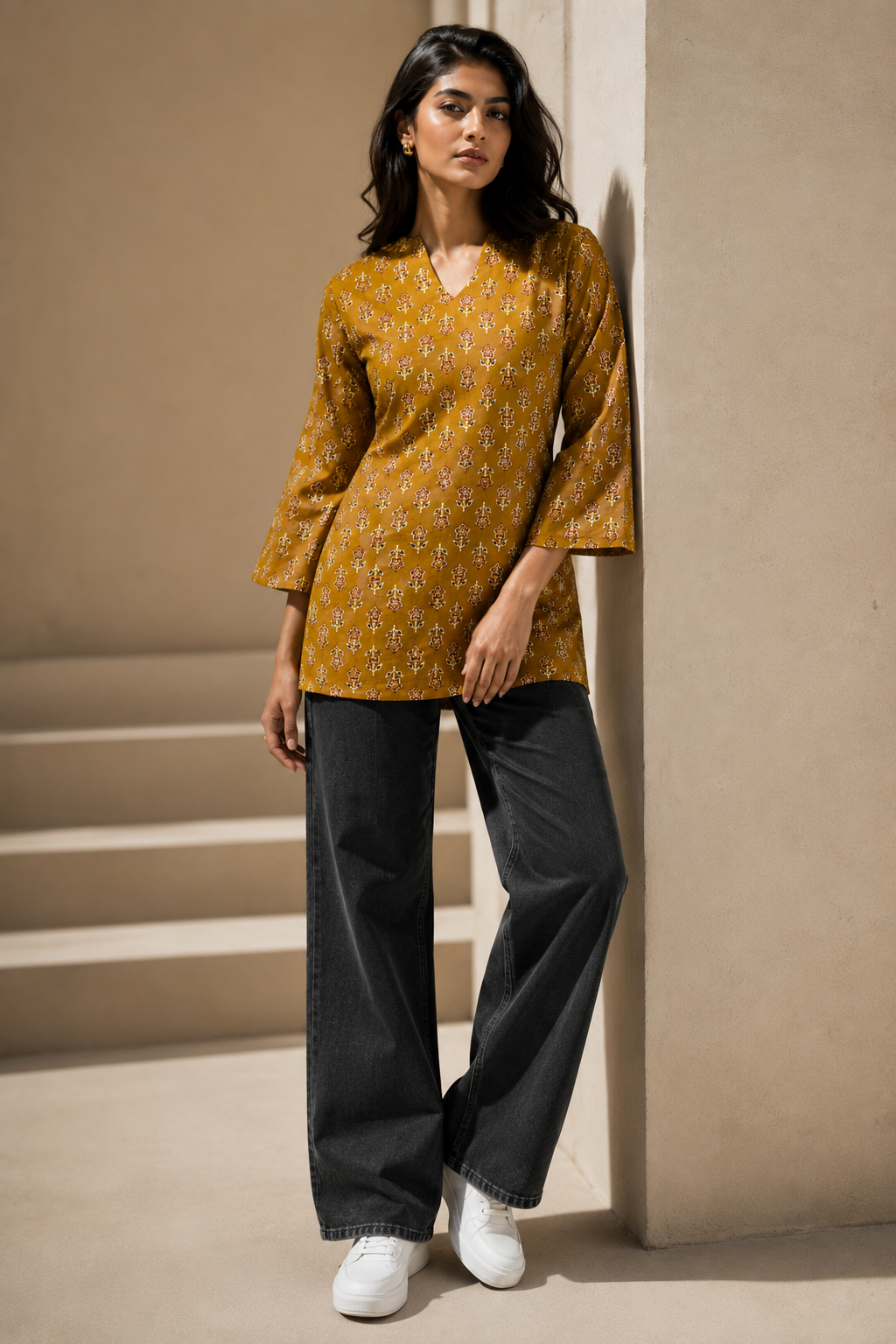 mustard floral kurti top