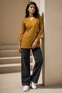 Nitya Women's Mustard Floral Print V-Neck Cotton Kurti Top