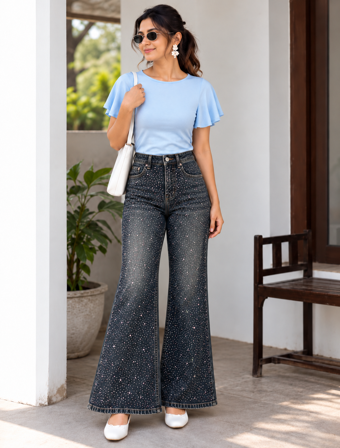 Engage Dark Blue Women’s Rhinestone High-Waist Flared Jeans | Wide-Leg Denim Pants