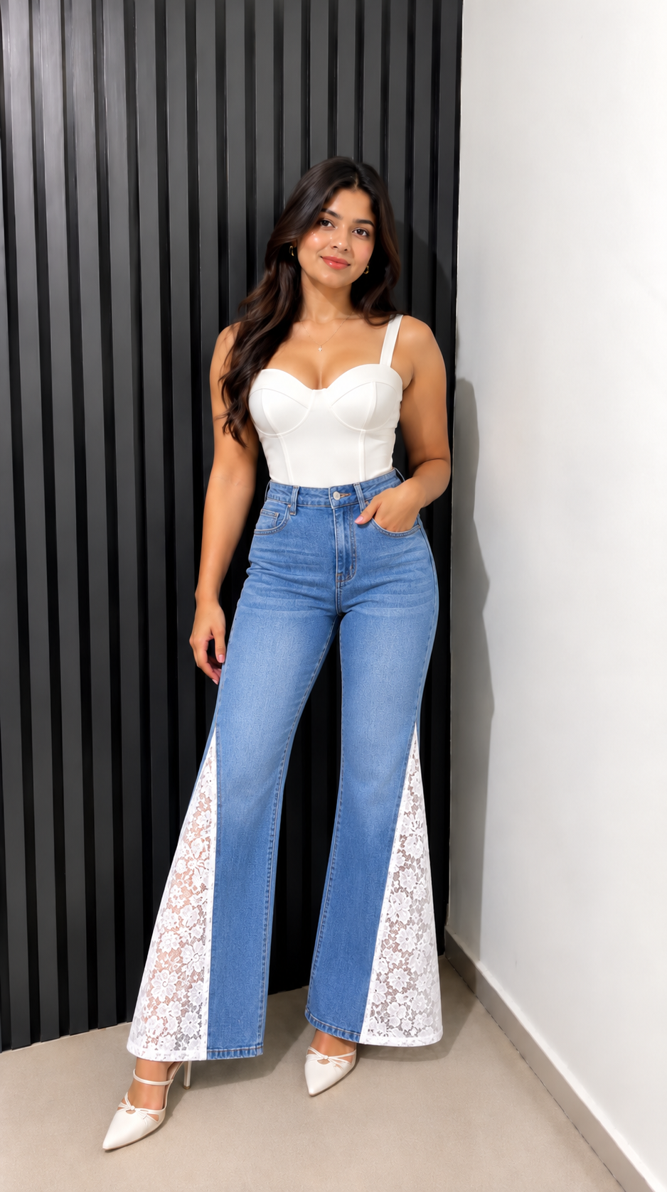 Engage Light Blue Women's Lace Panel Wide Leg Flared Jeans – High-Rise Trousers