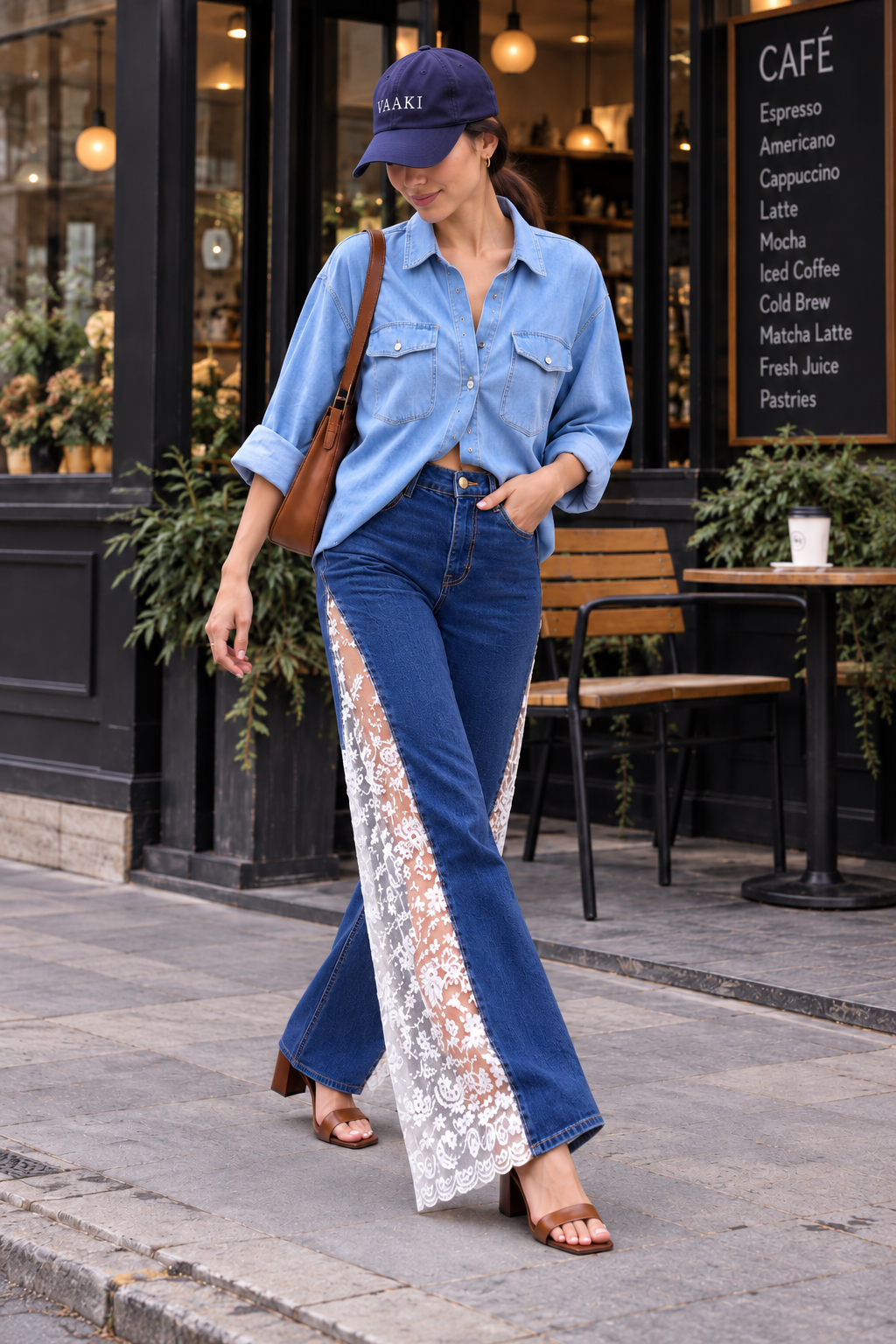 Engage Dark Blue Women’s Lace Panel Wide Leg Flared Denim Jeans