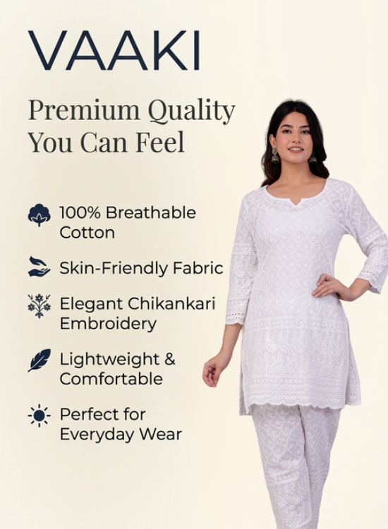 Women's White Chikankari Kurti Pant Set