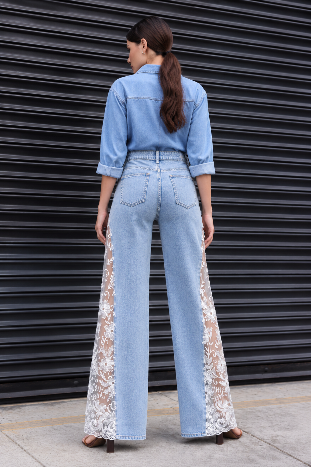Engage Light Blue Women’s Lace Panel Wide Leg Flared Denim Jeans