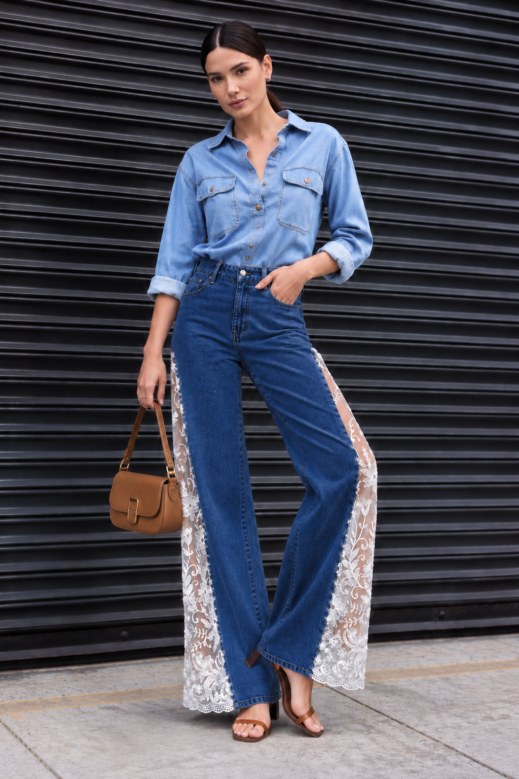Engage Dark Blue Women’s Lace Panel Wide Leg Flared Denim Jeans