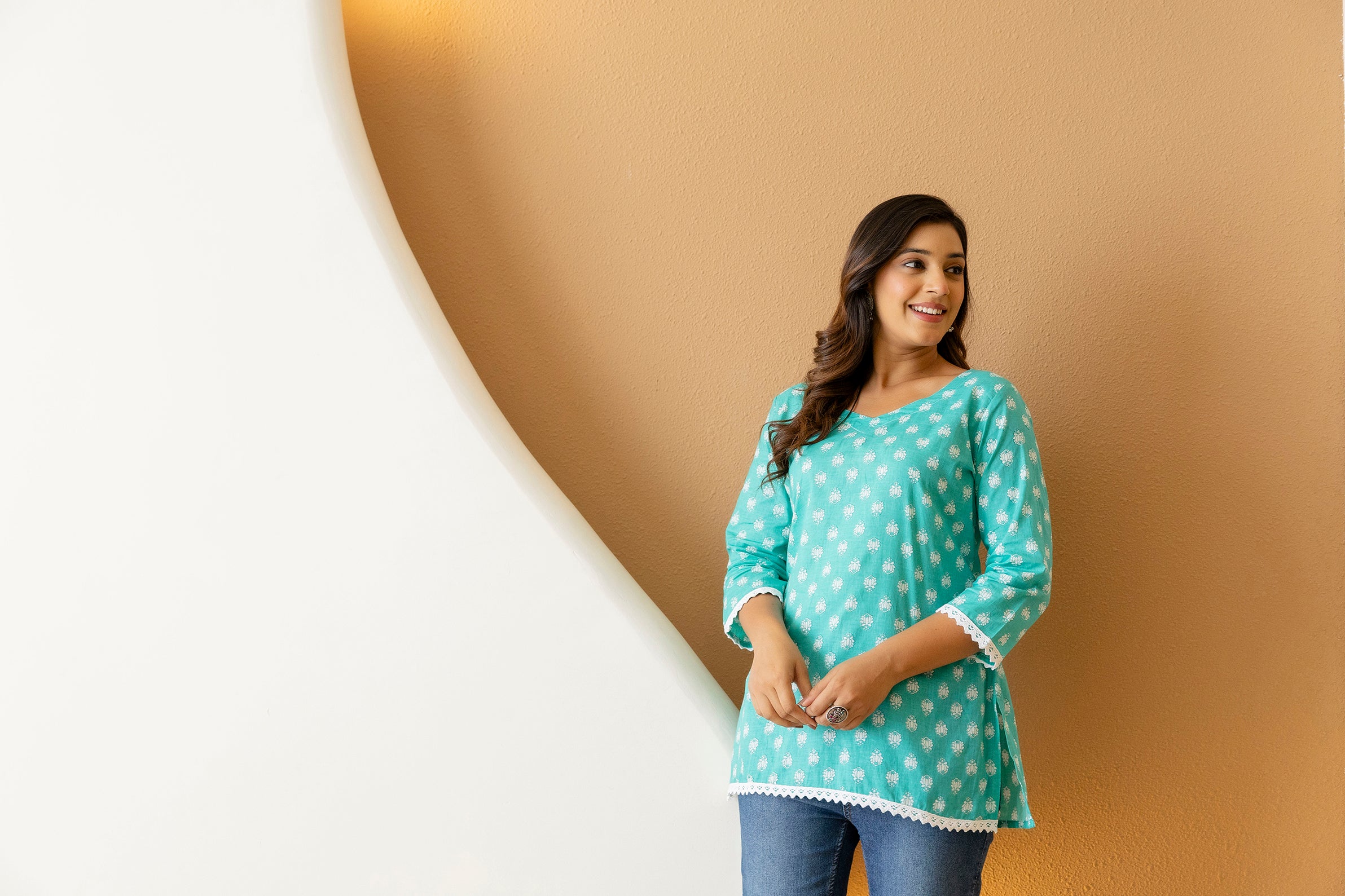 "Mohini Teal Floral Short Straight Kurti"