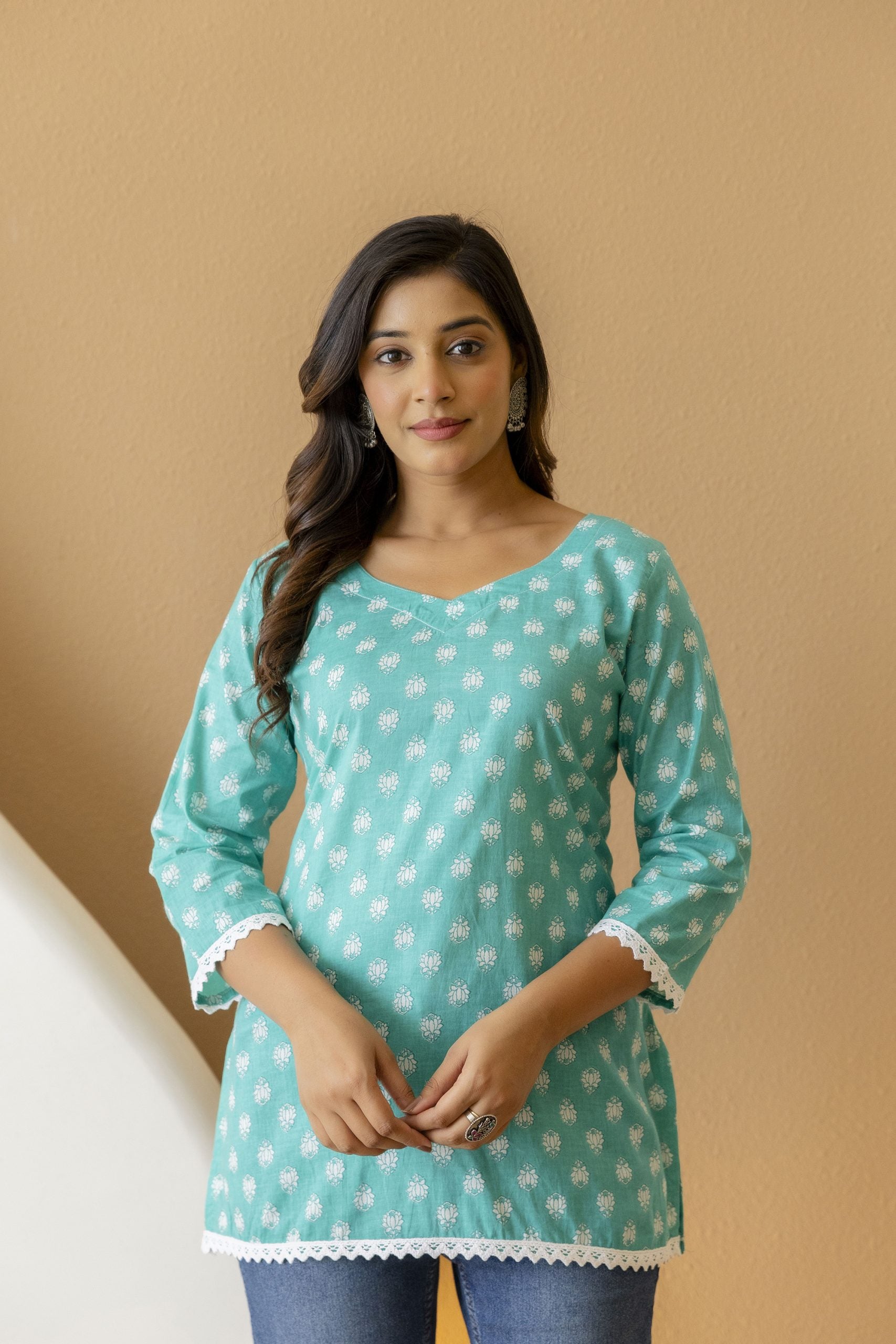 "Mohini Teal Floral Short Straight Kurti"