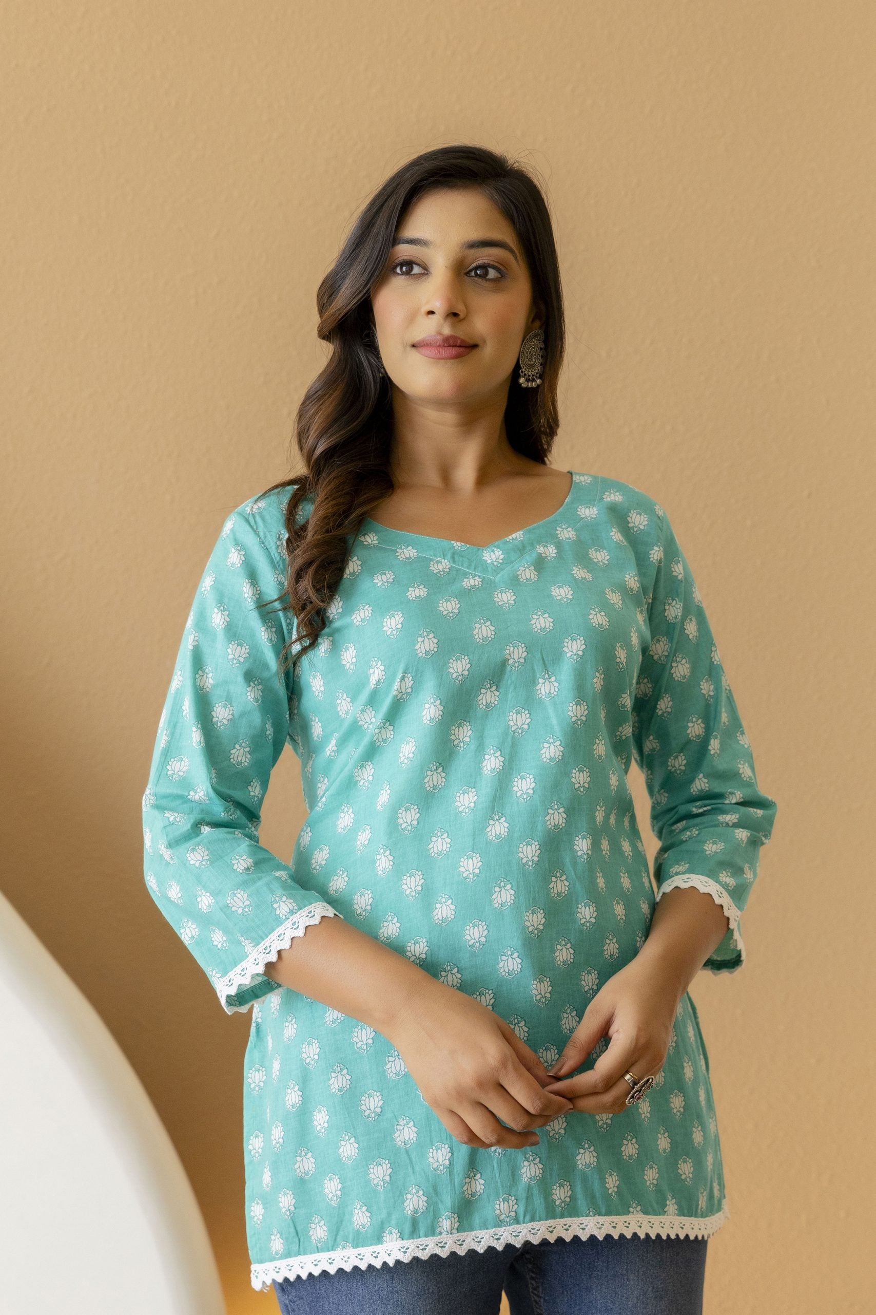 "Mohini Teal Floral Short Straight Kurti"