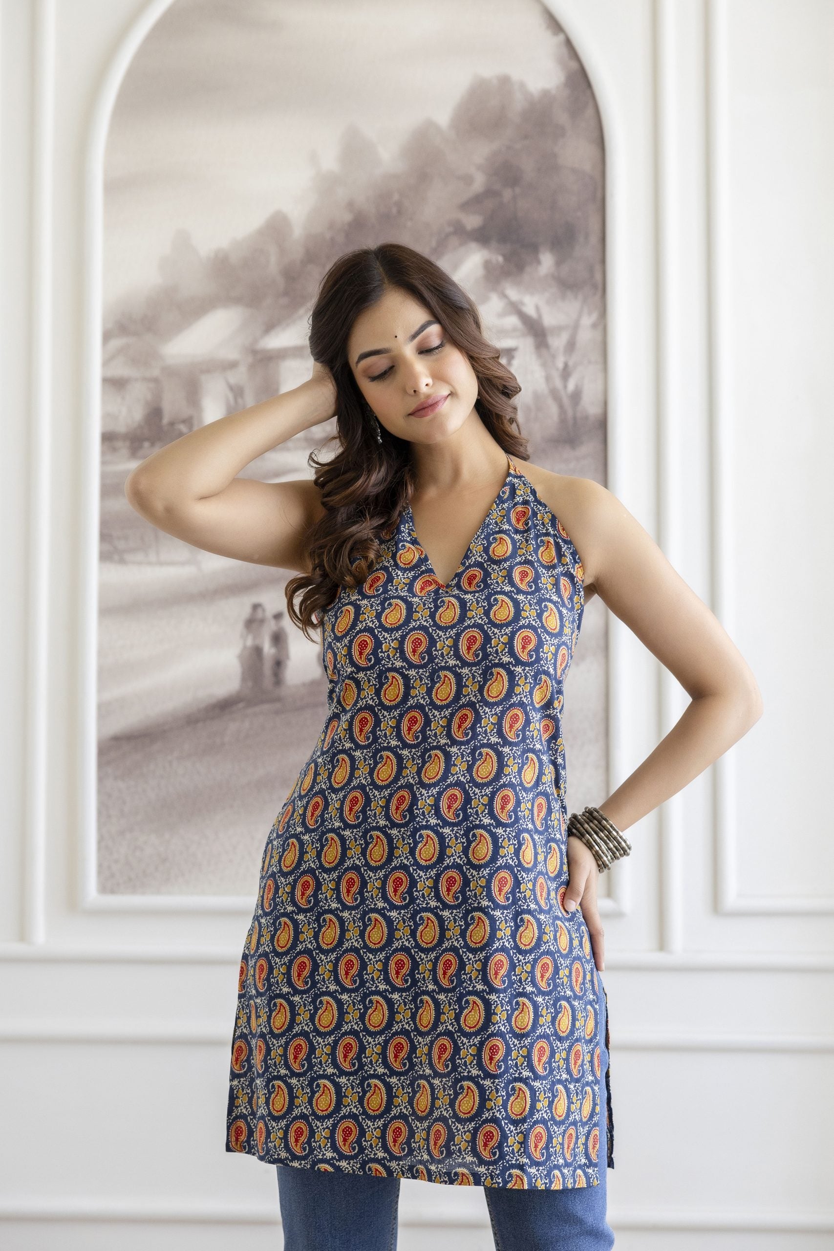 "Mohini Navy Blue Halter Neck Corset Kurti"