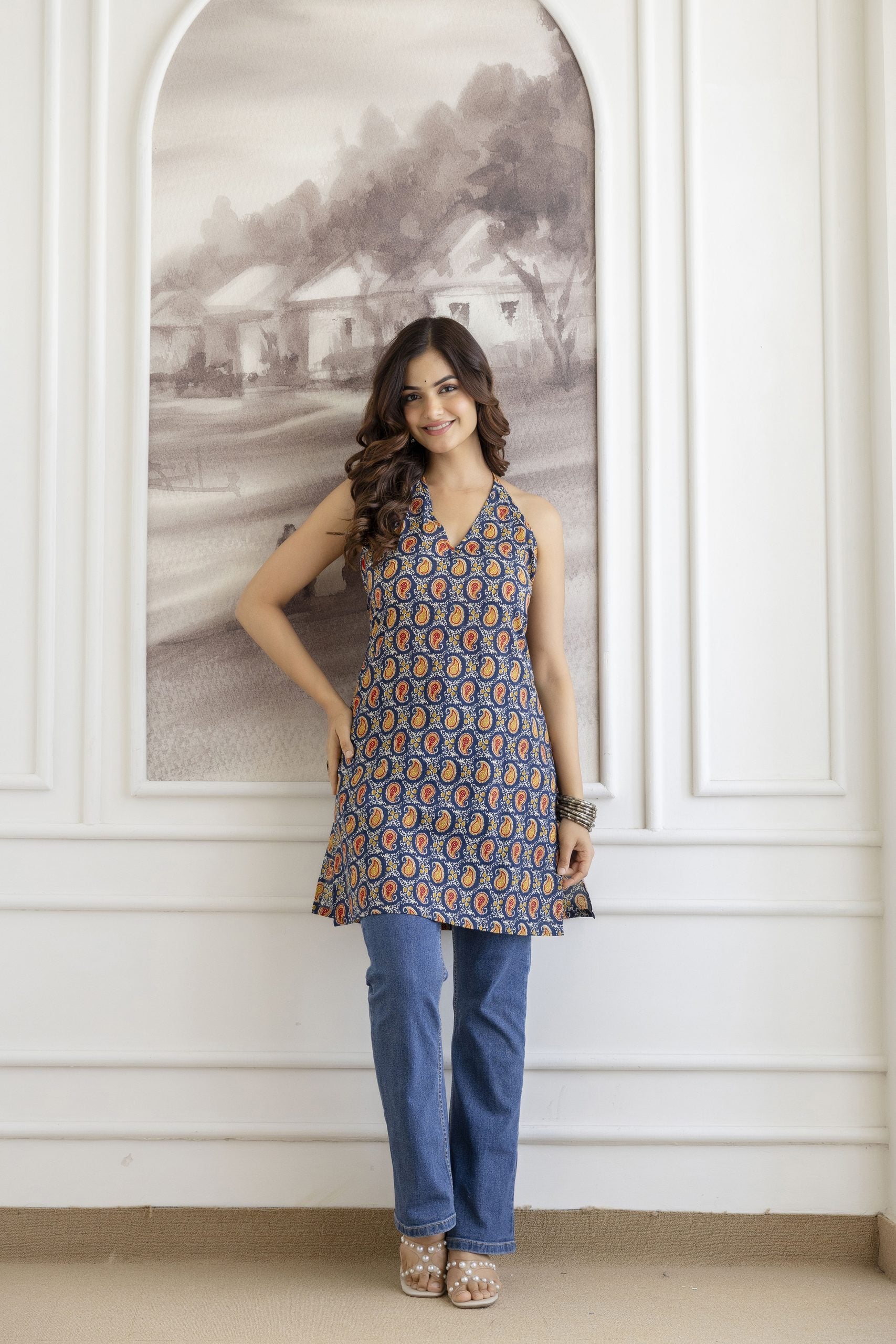 Mohini Deep Navy Blue Halter Neck Corset Kurti by Vaaki