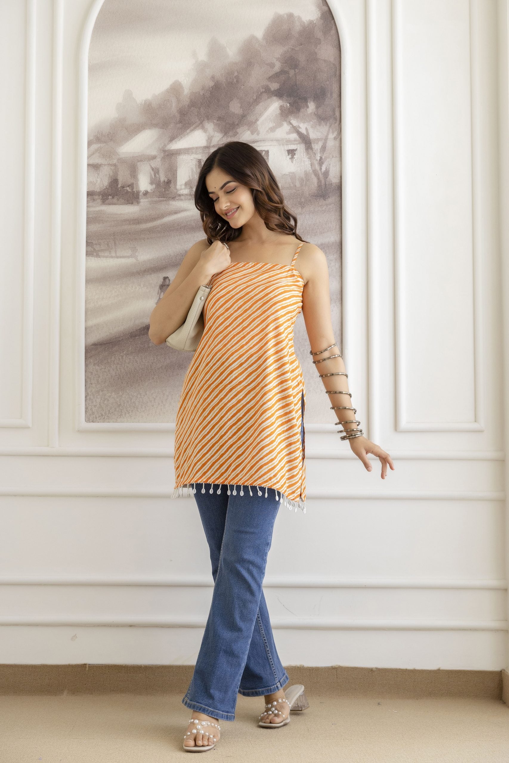 Mohini Orange Striped Noodle Strap Sleeveless Corset Kurti Cotton Kurti for Women by Vaaki