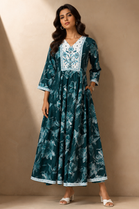 Urvasi Women’s Teal Cotton Floral Printed Anarkali Dress | Elegant Maxi Ethnic Dress
